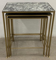 Set of Three Contemporary Brass Plate Steel and Flecked Mirror Nesting Tables