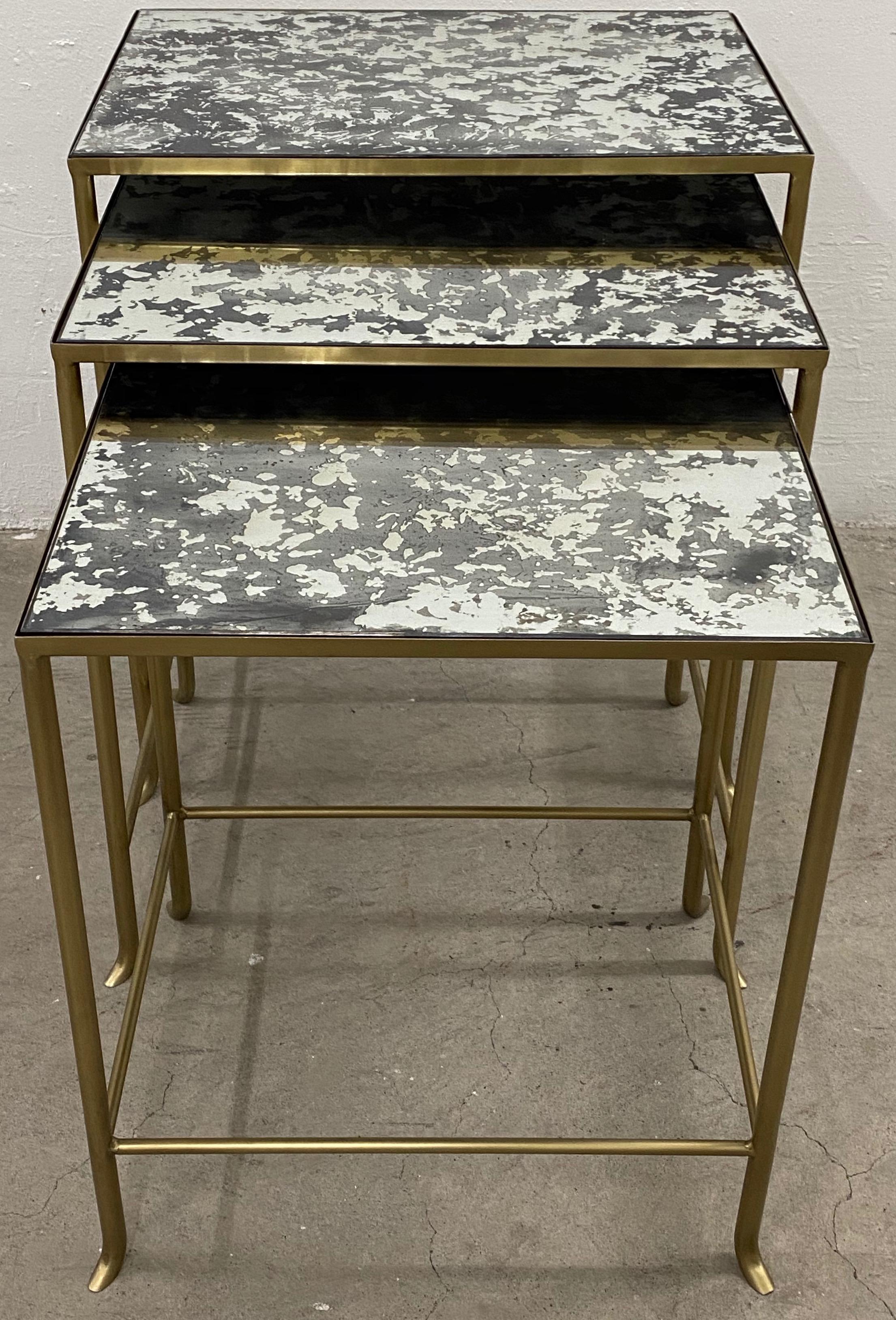 Modern Set of Three Contemporary Brass Plate Steel and Flecked Mirror Nesting Tables