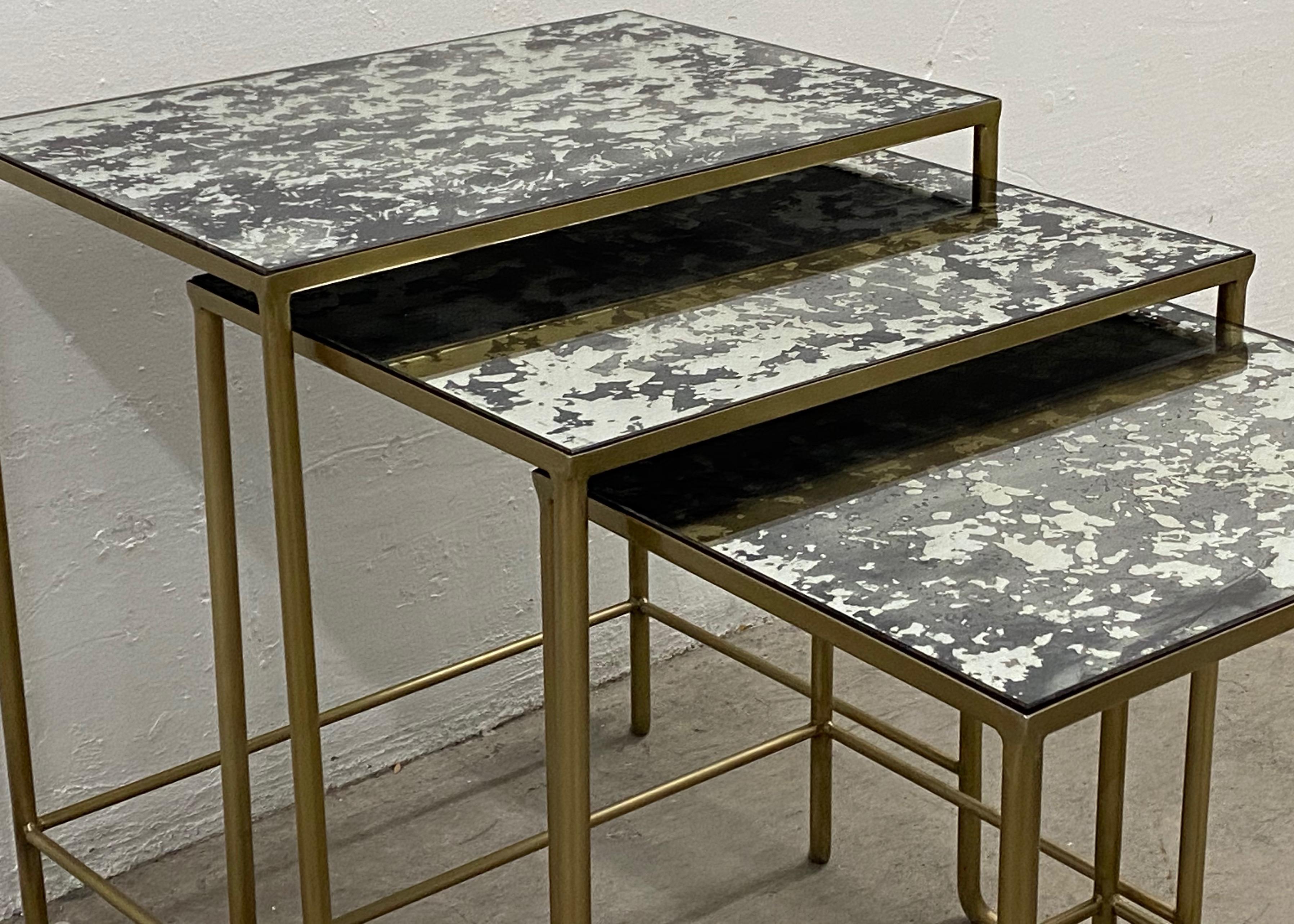 American Set of Three Contemporary Brass Plate Steel and Flecked Mirror Nesting Tables