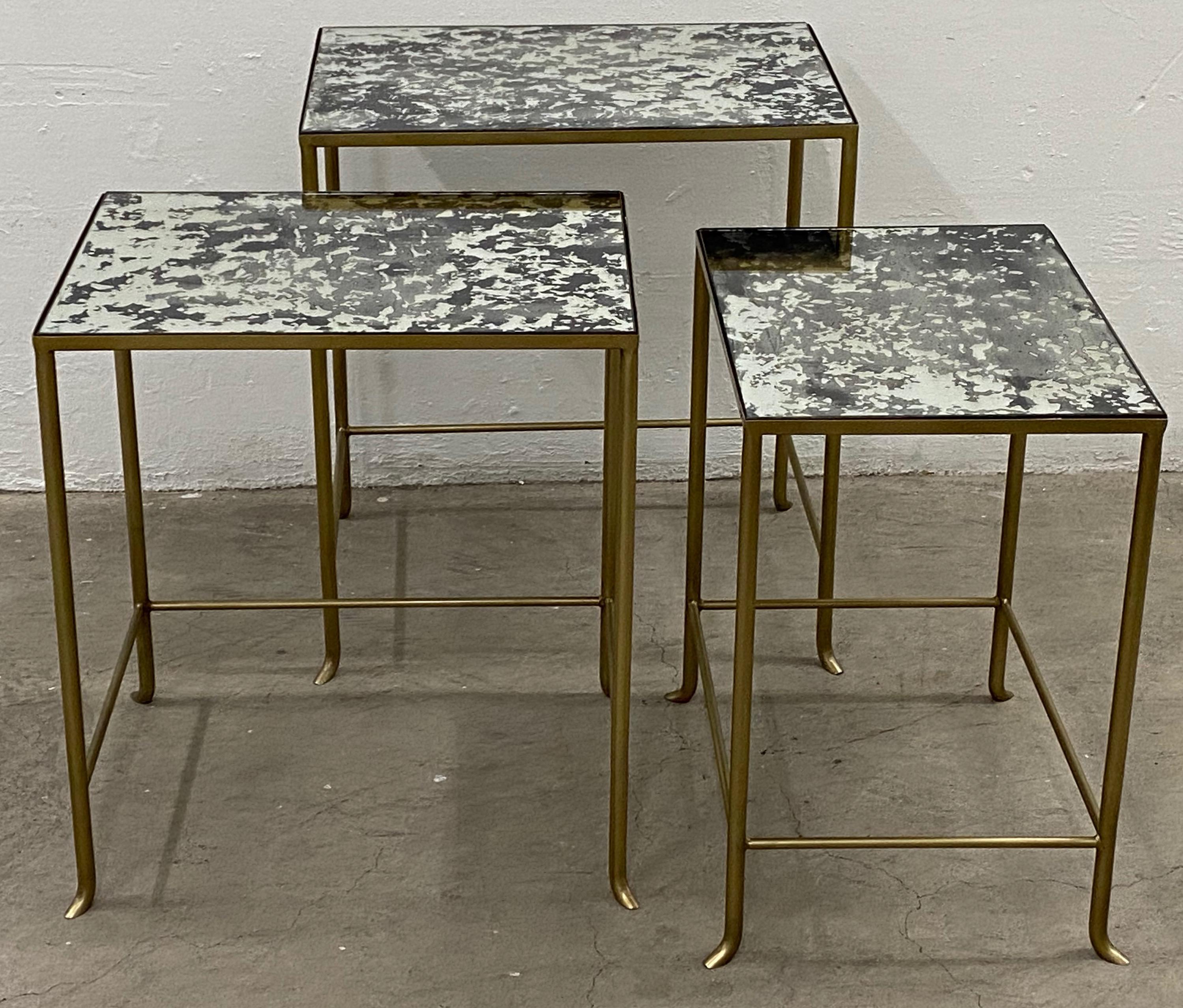 Hand-Crafted Set of Three Contemporary Brass Plate Steel and Flecked Mirror Nesting Tables