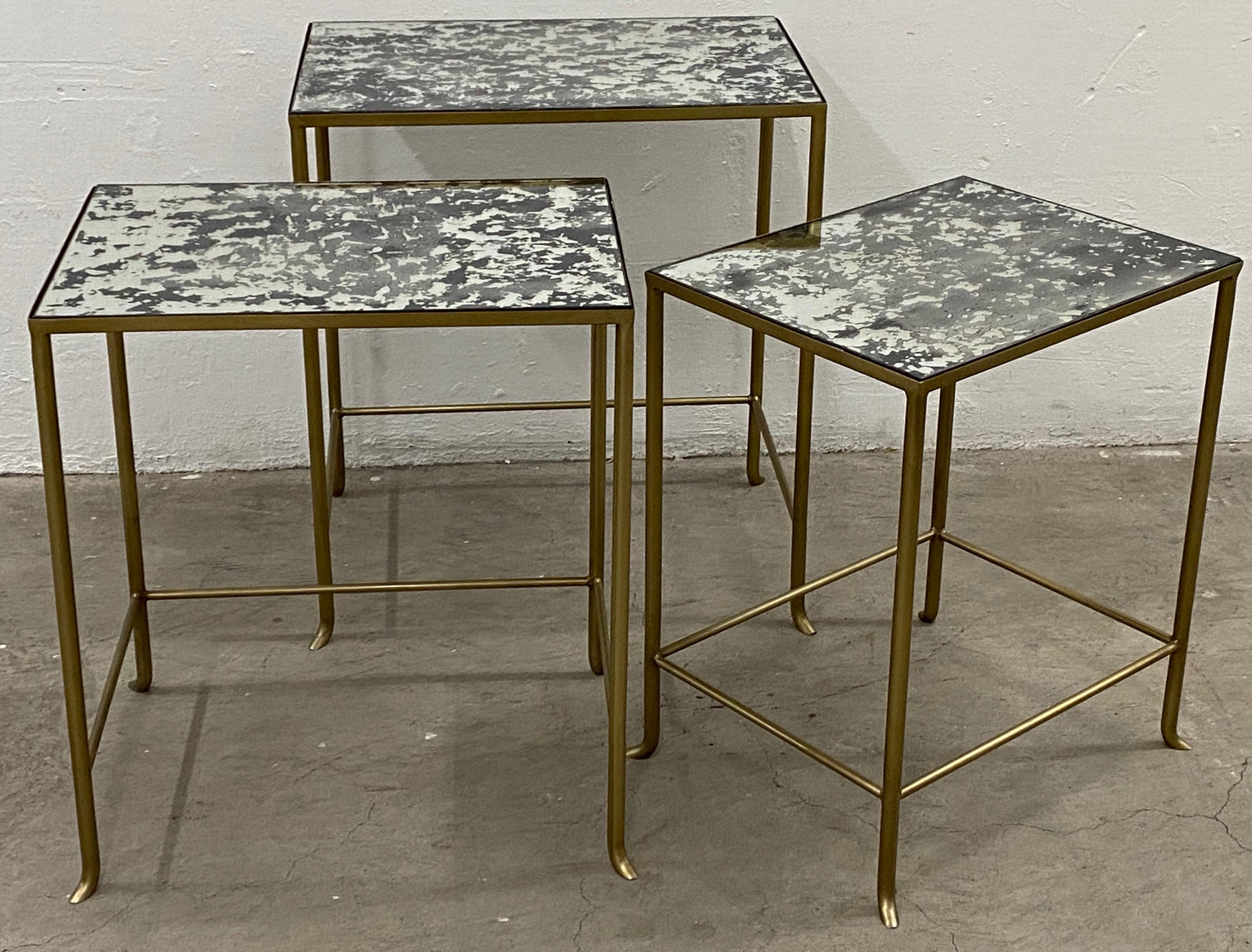 Set of Three Contemporary Brass Plate Steel and Flecked Mirror Nesting Tables In Good Condition In San Francisco, CA
