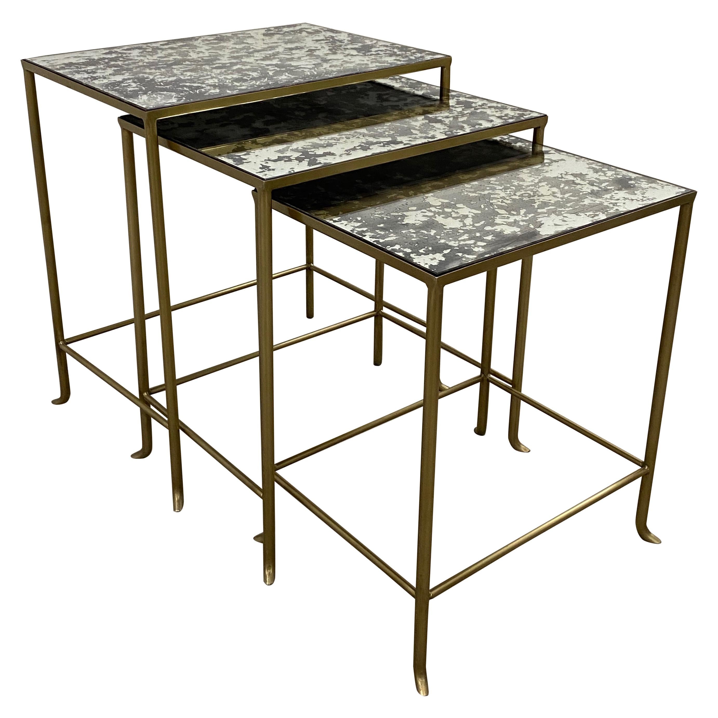 Set of Three Contemporary Brass Plate Steel and Flecked Mirror Nesting Tables