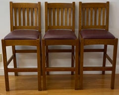 Set of Three Contemporary Mission Oak & Leather Stickley Bar Stools