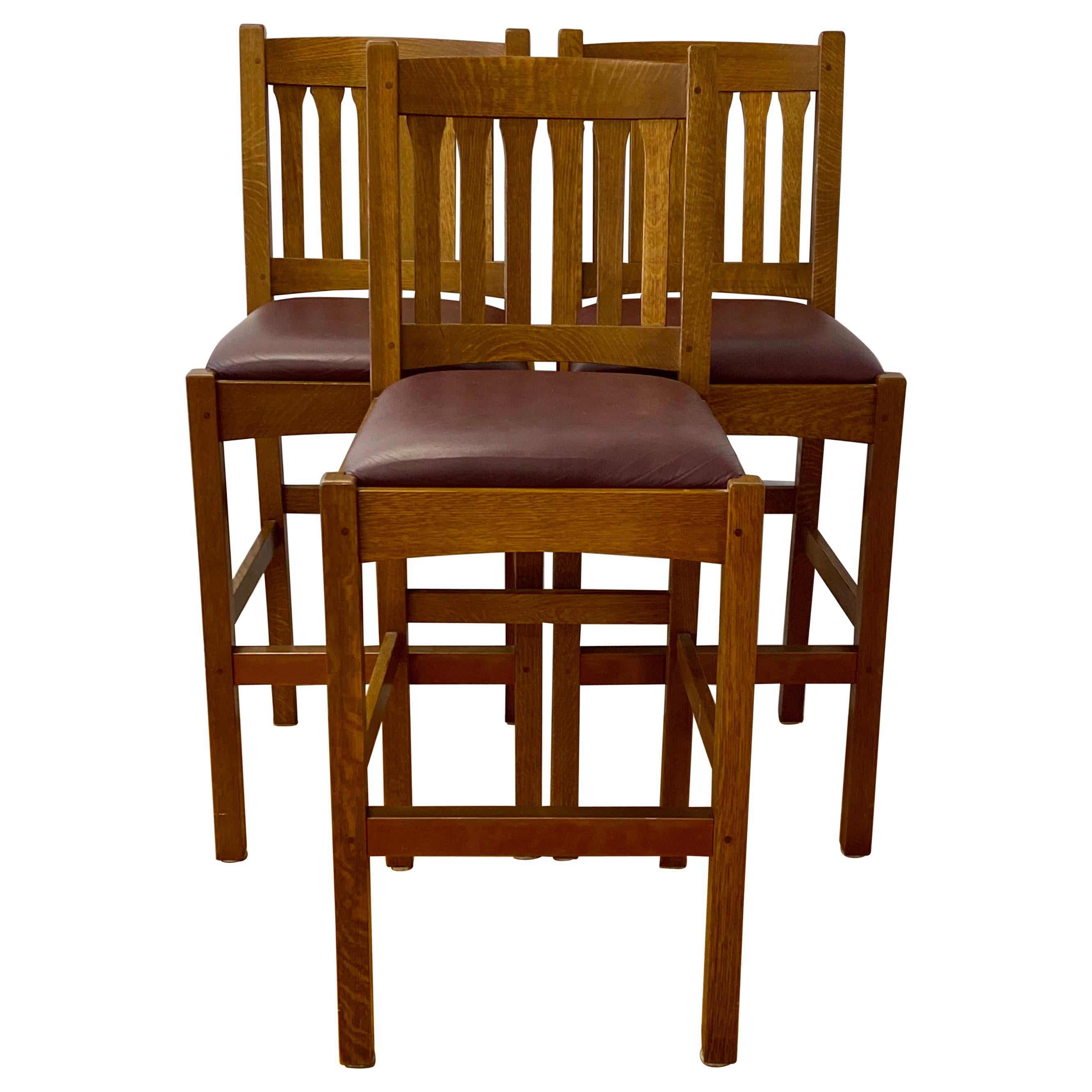 Set of Three Contemporary Mission Oak & Leather Stickley Bar Stools