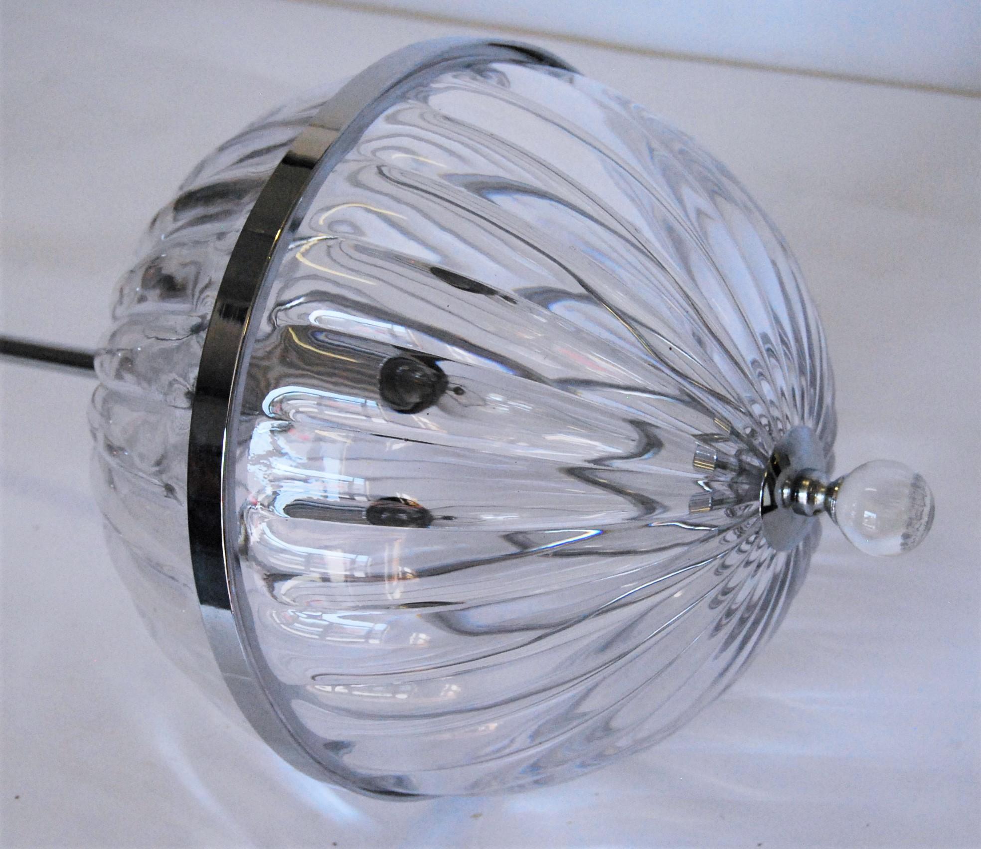 Set of Three Contemporary Modern Hanging Chrome Blown glass Globe Lights In Good Condition For Sale In Pasadena, CA