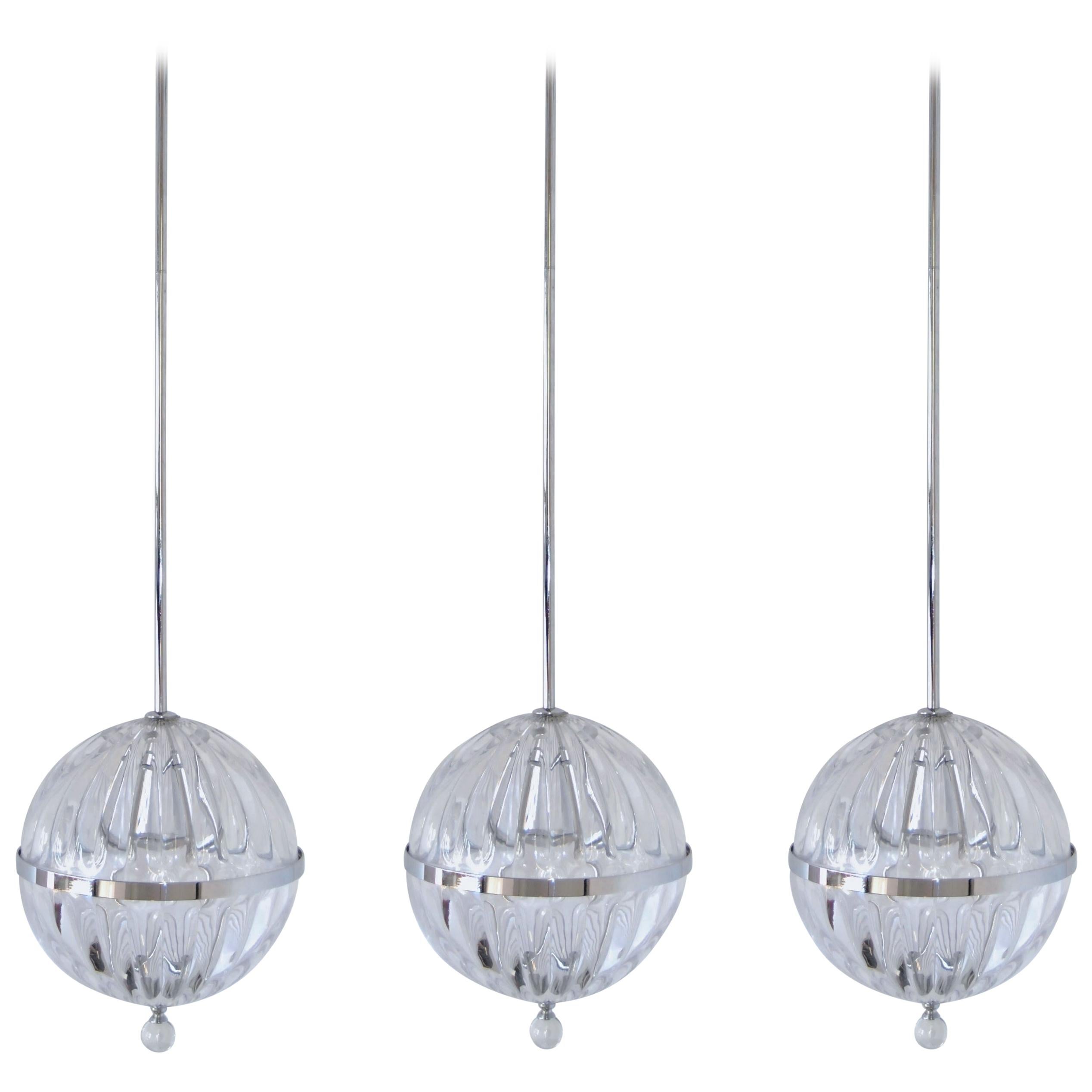 Set of Three Contemporary Modern Hanging Chrome Blown glass Globe Lights For Sale