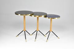 Set of Three Contemporary Mosaic Brass and Rattan Side Tables by JAS