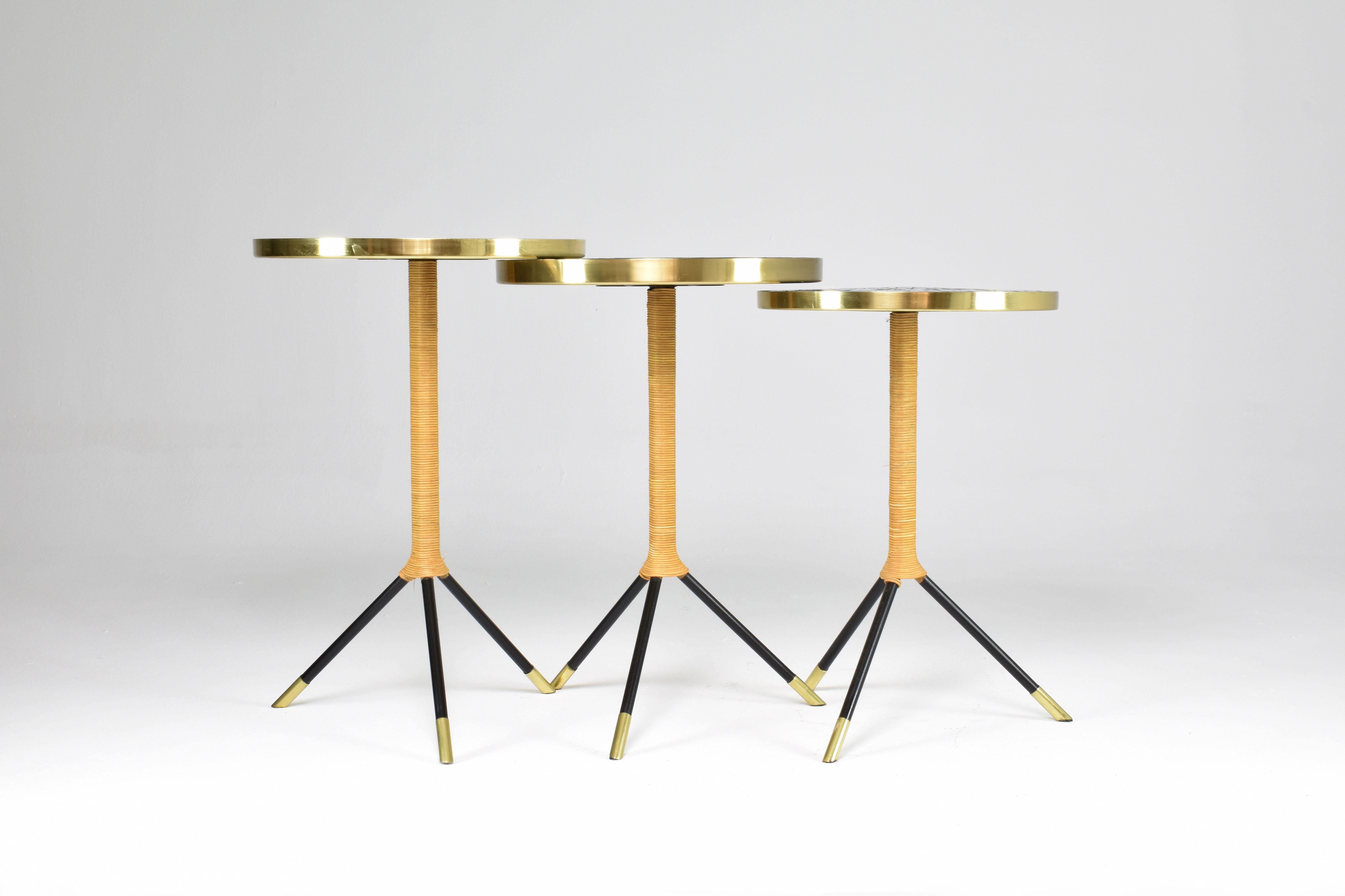 Set of Three Contemporary Mosaic Brass and Rattan Side Tables by JAS For Sale 2
