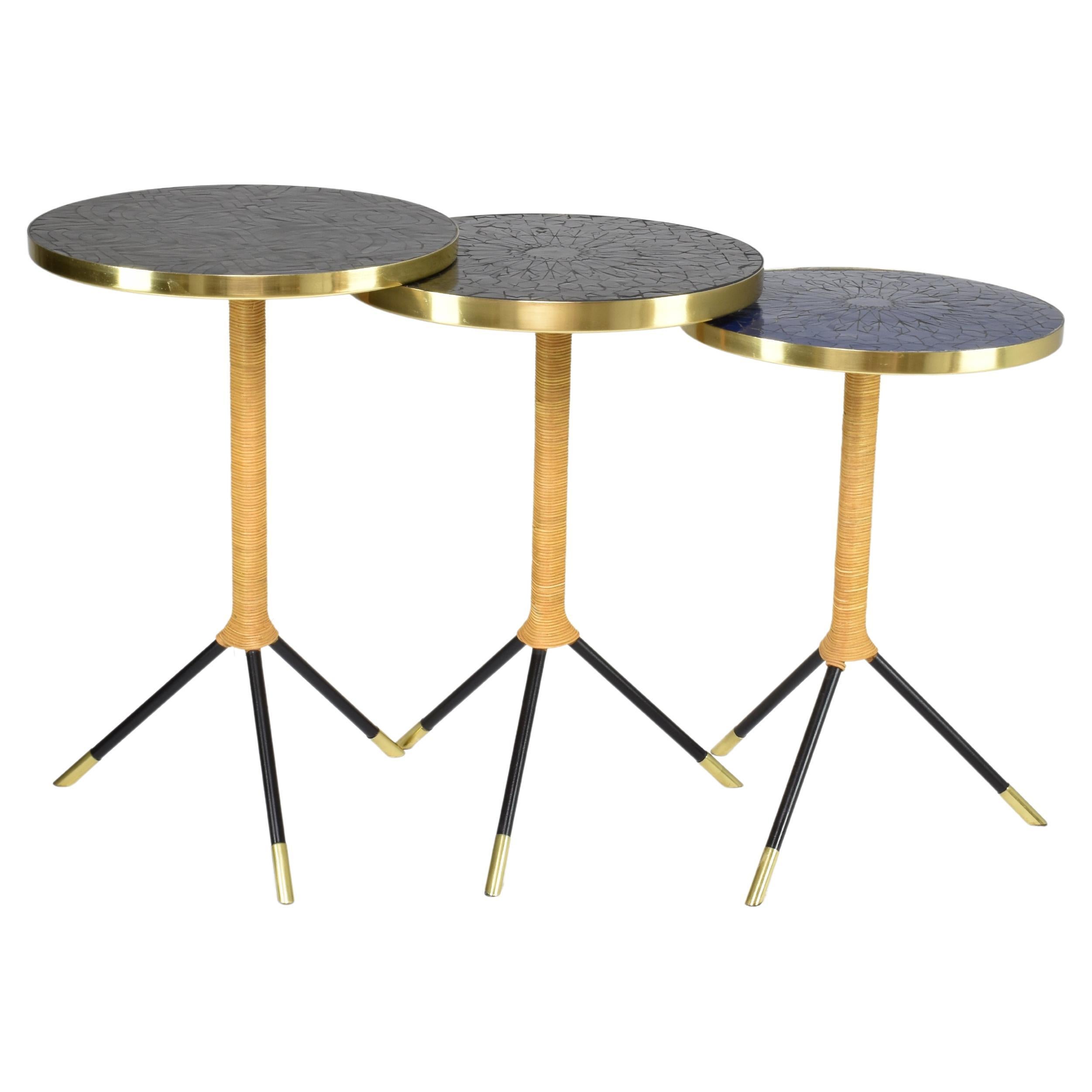 Set of Three Contemporary Mosaic Brass and Rattan Side Tables by JAS For Sale