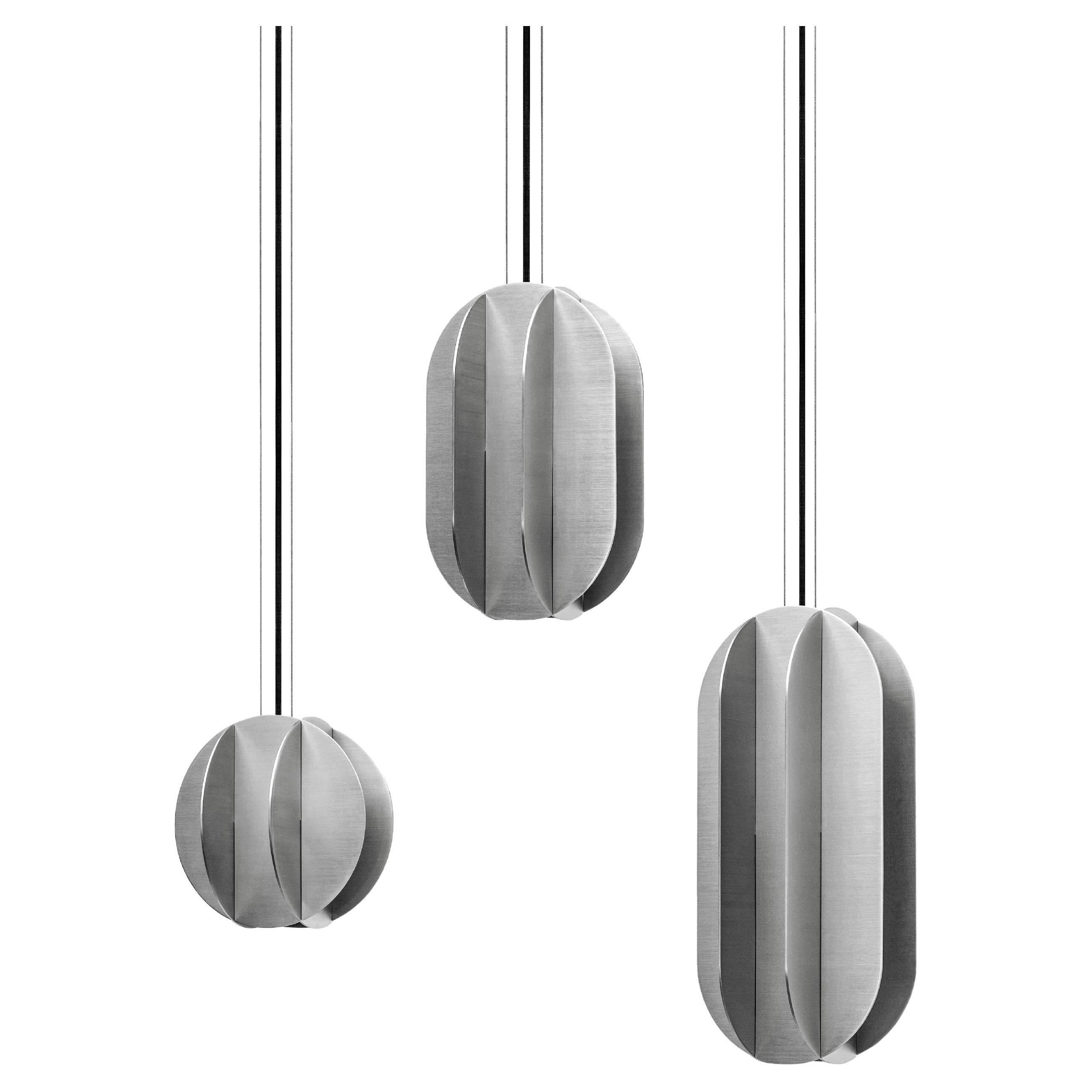 Set of Three Contemporary Pendant Lamp El Lamps CS3 by Noom in Stainless Steel