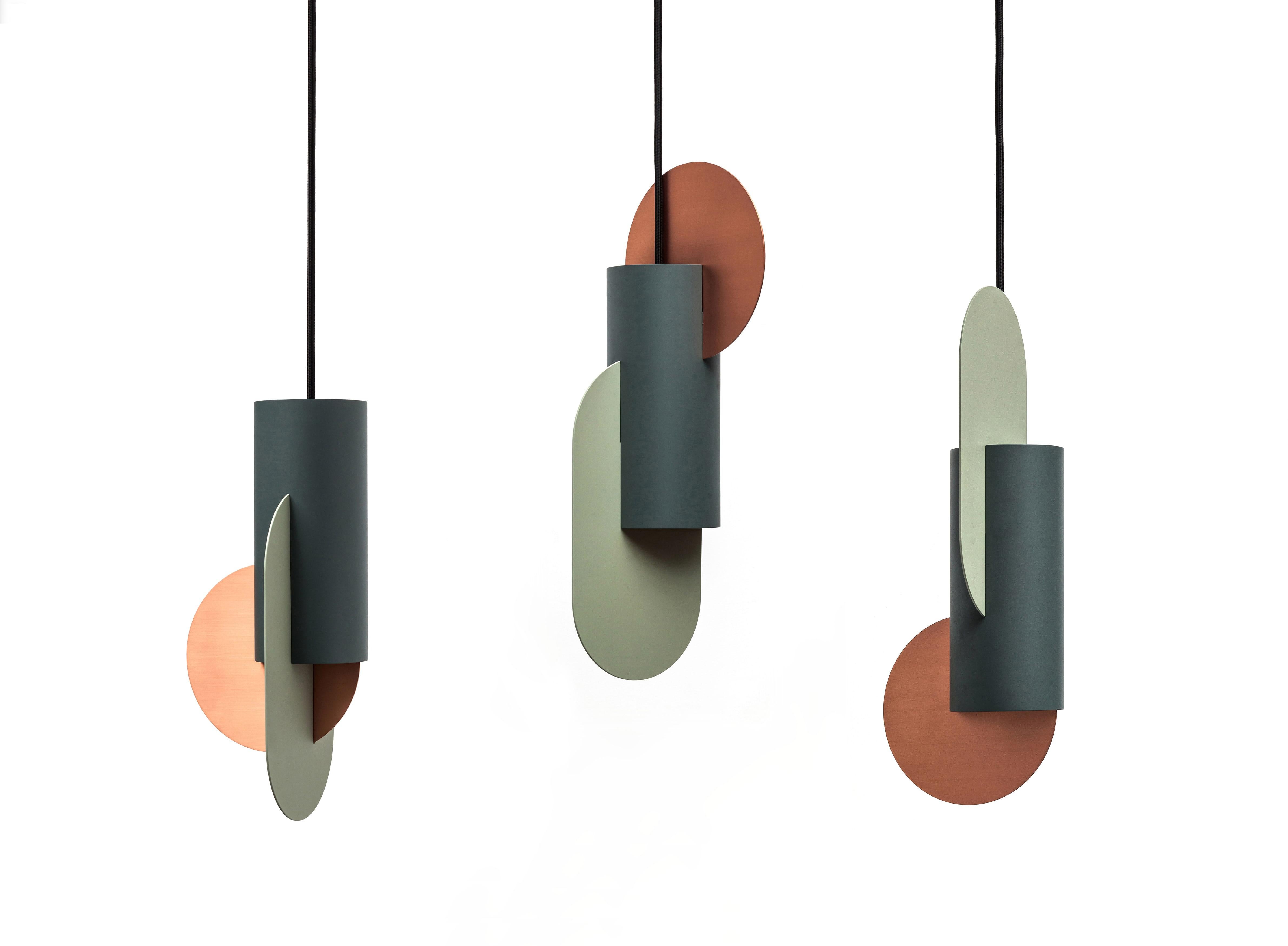Ukrainian Set of Three Contemporary Pendant Lamps Suprematic by NOOM in Copper and Steel