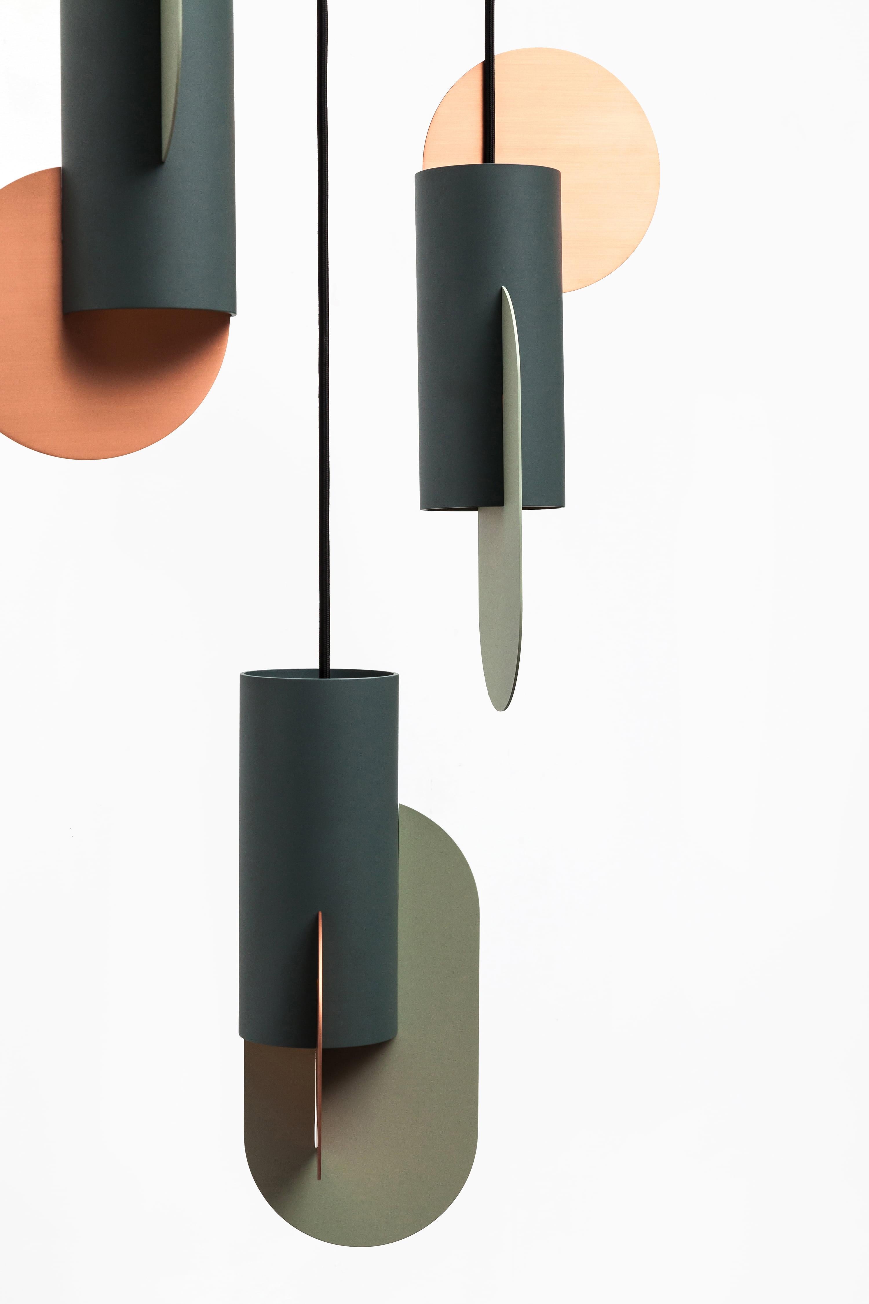 Painted Set of Three Contemporary Pendant Lamps Suprematic by NOOM in Copper and Steel