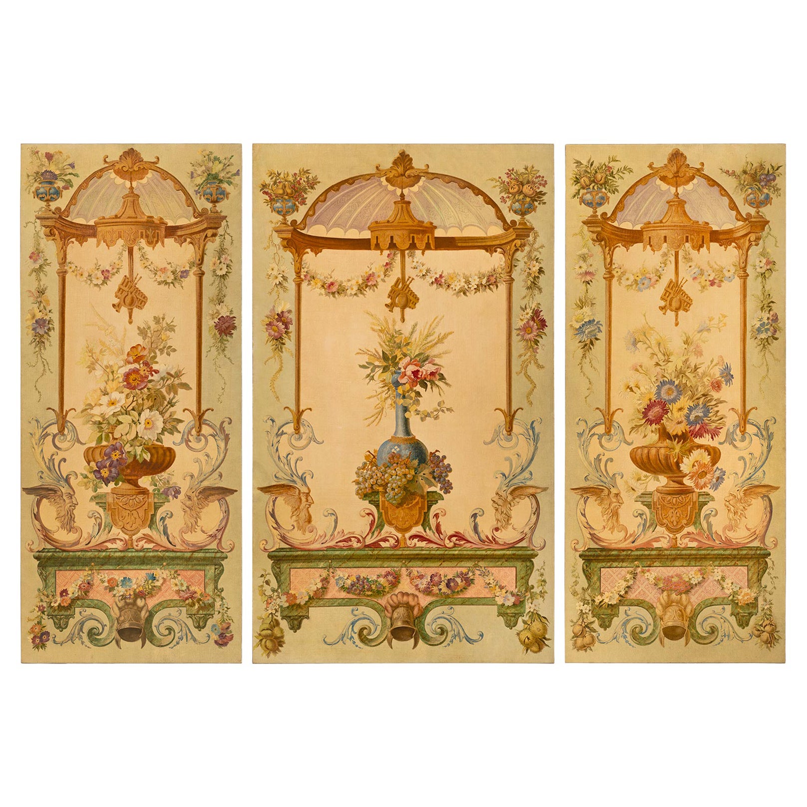 Set von drei kontinentalen, handbemalten Wandtafeln im Louis-XVI-Stil des 20. Jahrhunderts