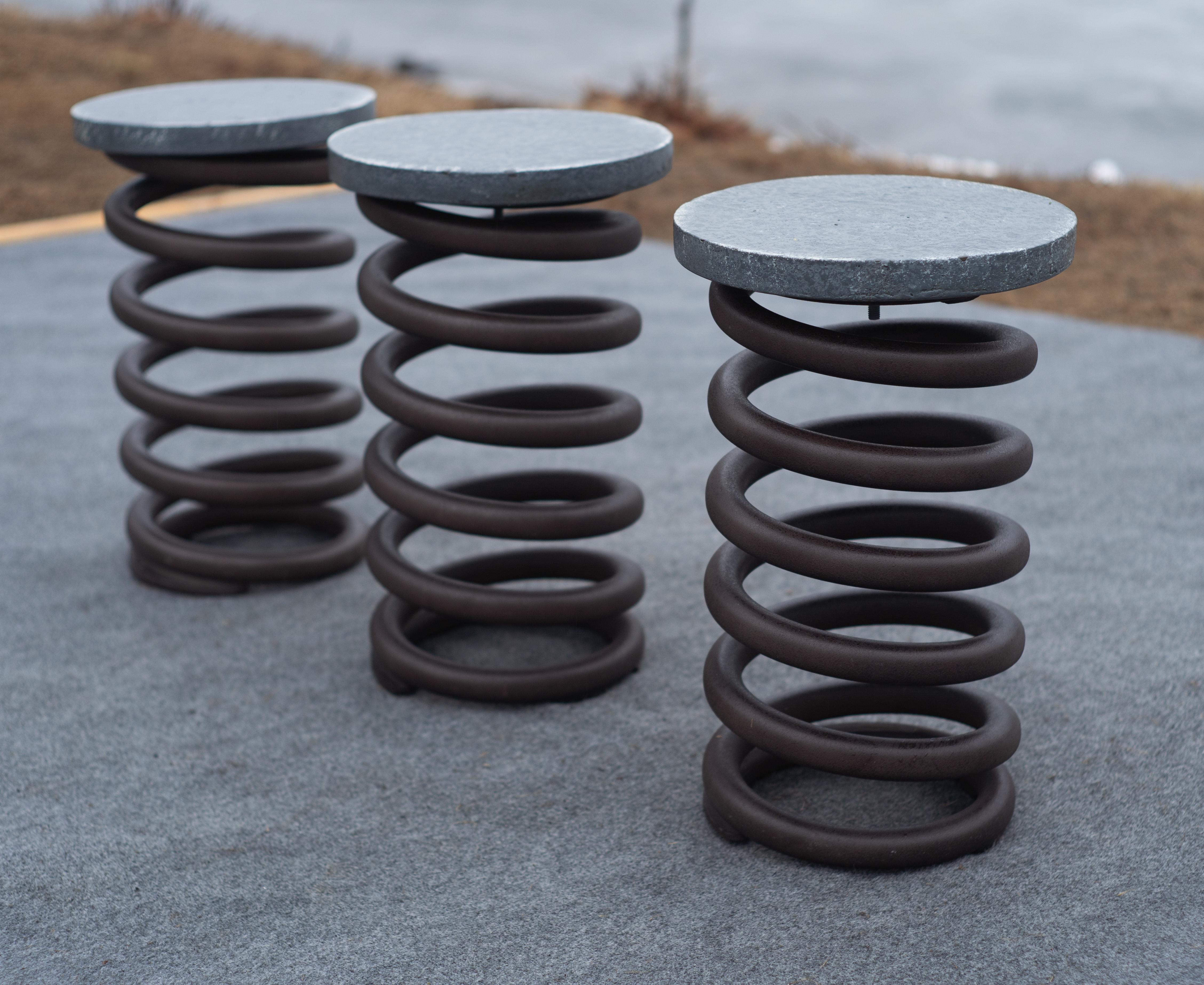 Mid-Century Modern Set of Three Counter Height Steel & Iron Spring Stools by Restoration Hardware For Sale