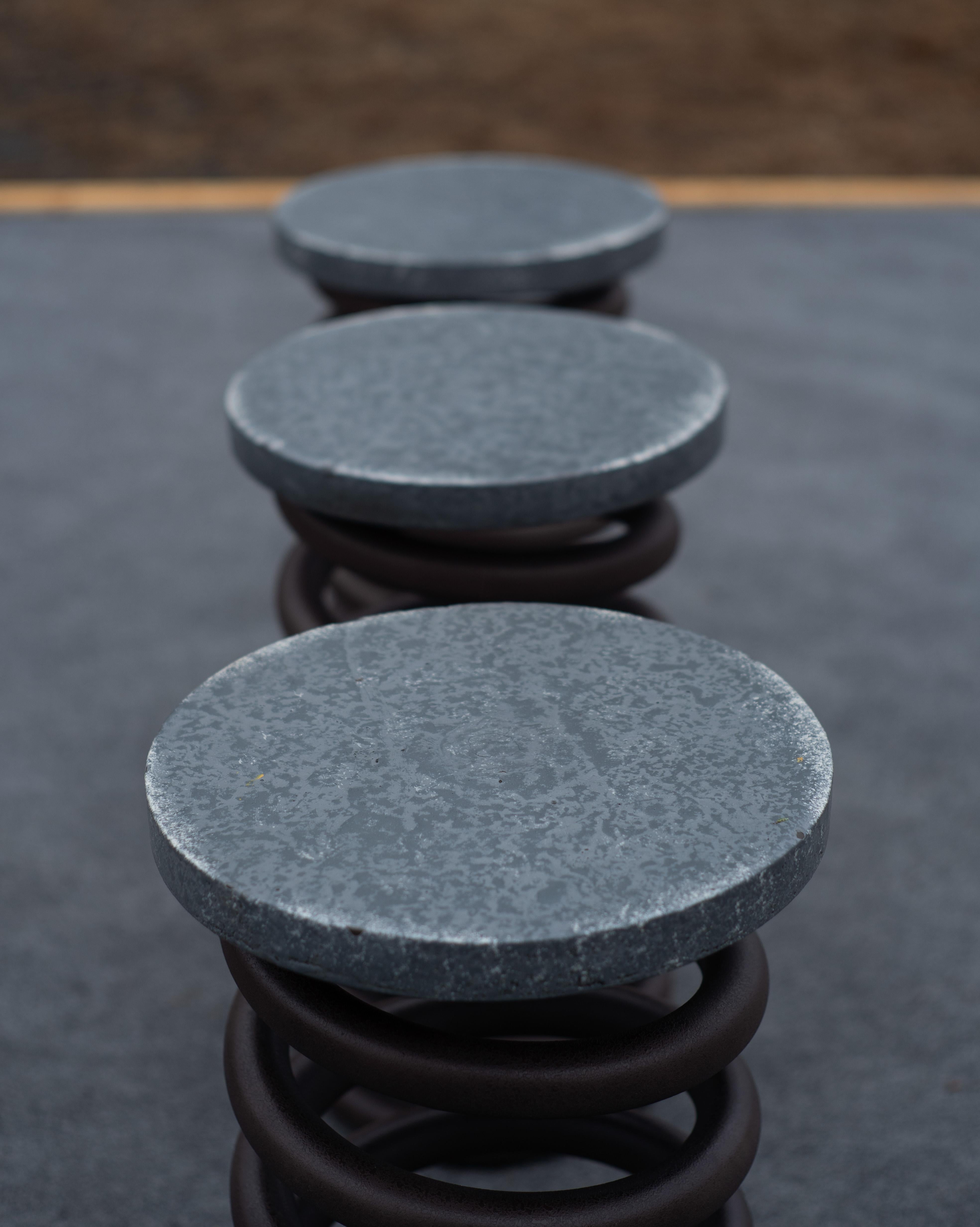 Contemporary Set of Three Counter Height Steel & Iron Spring Stools by Restoration Hardware For Sale