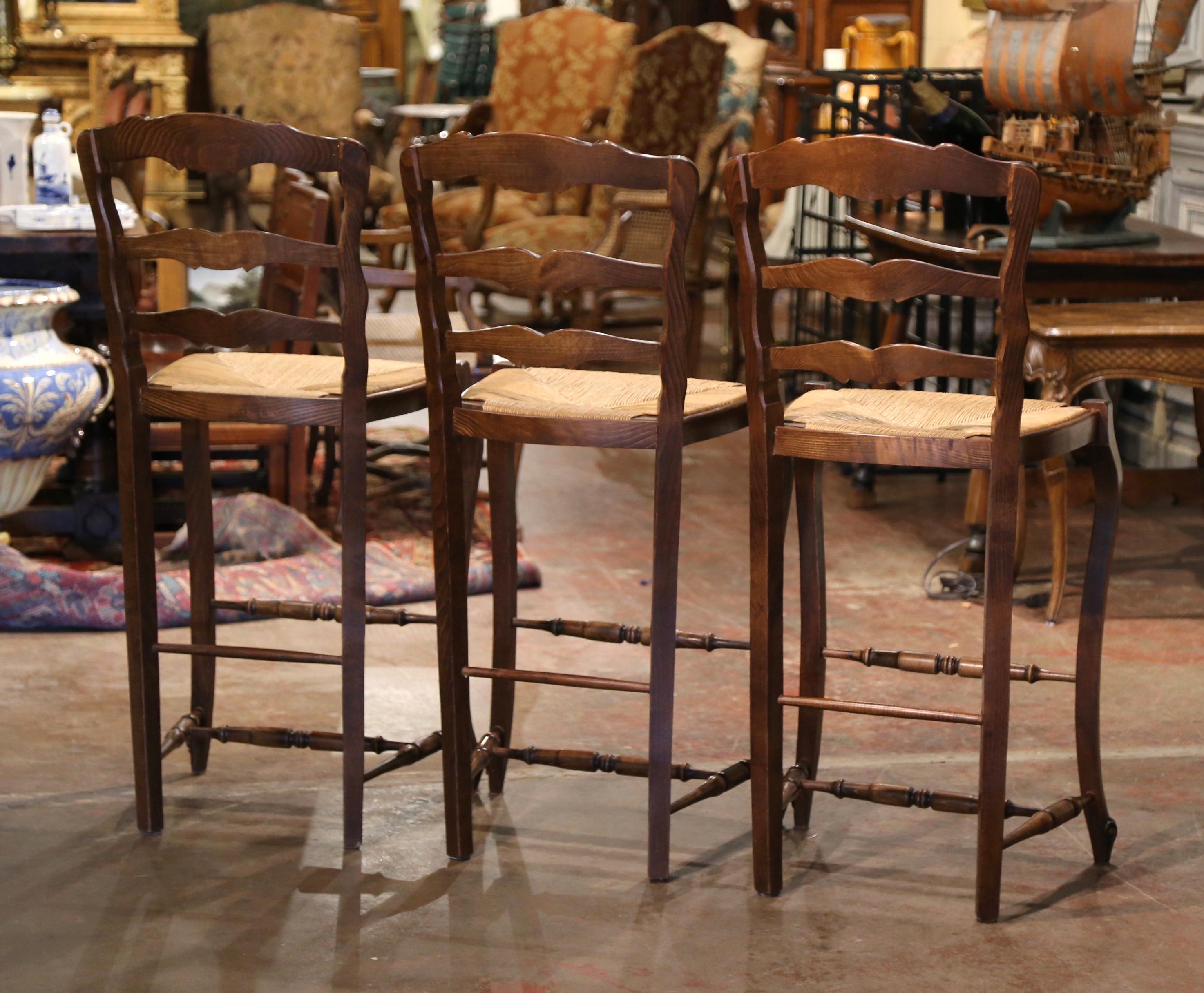 Set of Three Country French Ladder Back Bar Stools with Rush Seat from Normandy 4