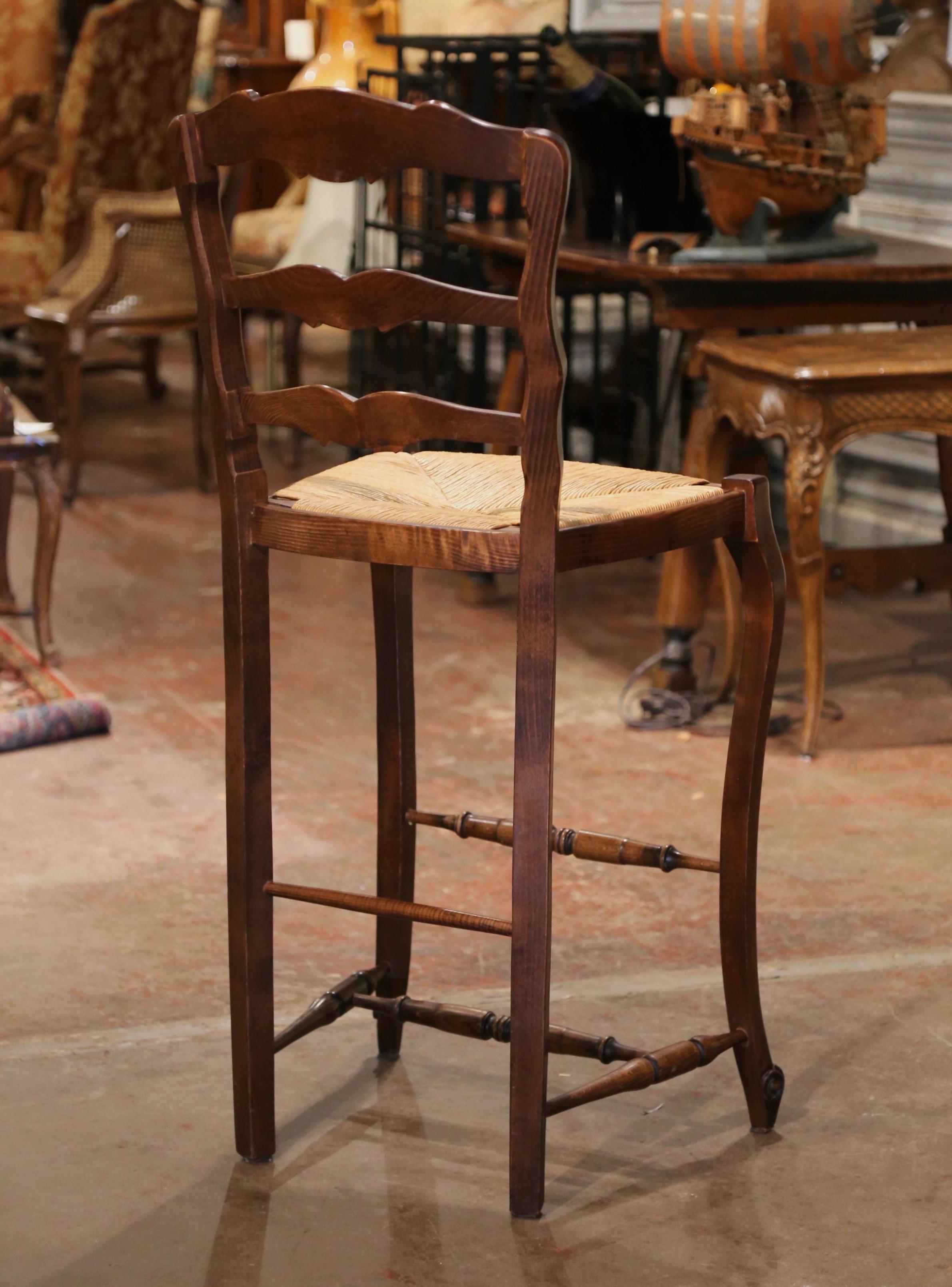 Set of Three Country French Ladder Back Bar Stools with Rush Seat from Normandy 5