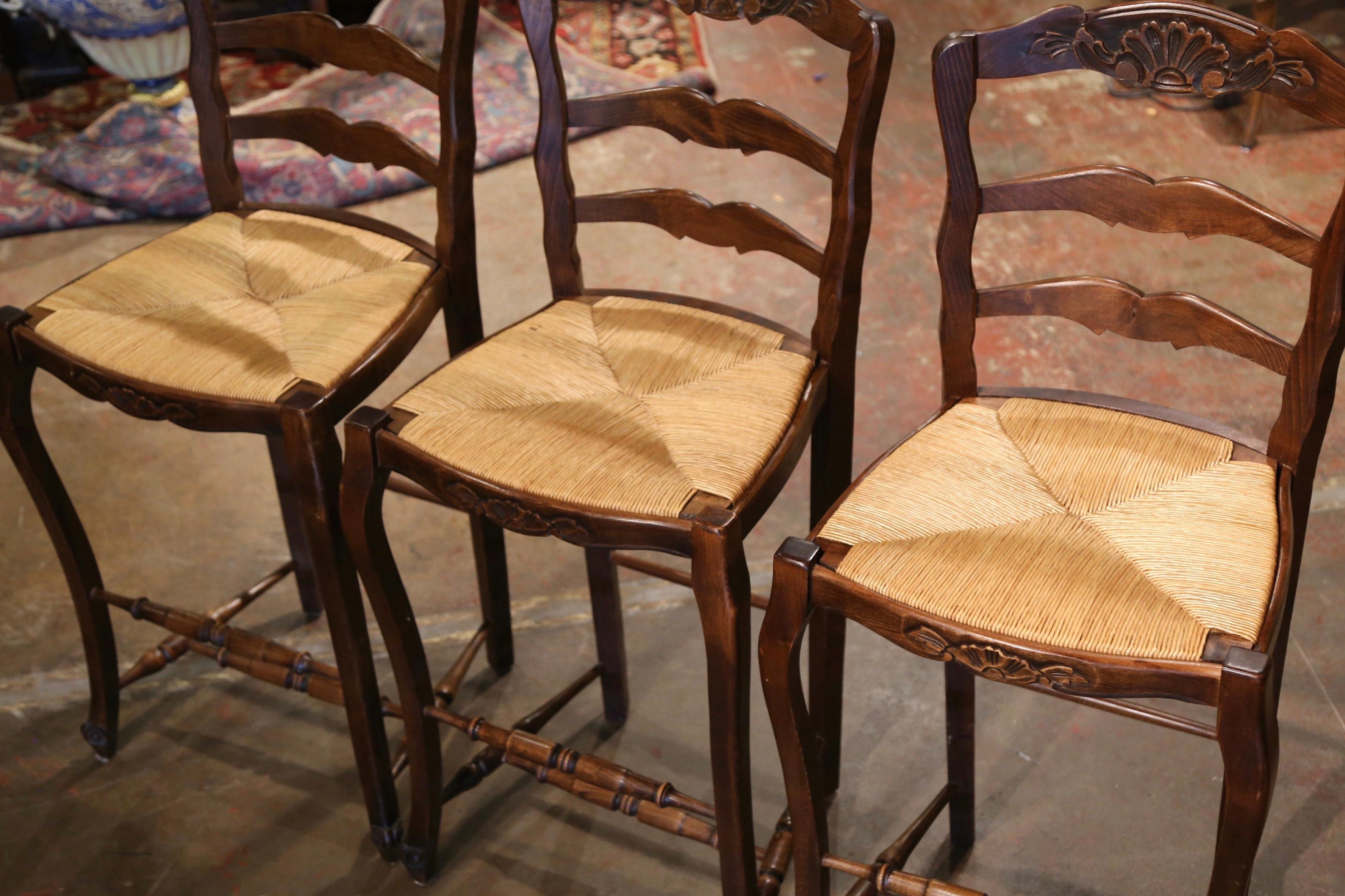 Hand-Carved Set of Three Country French Ladder Back Bar Stools with Rush Seat from Normandy