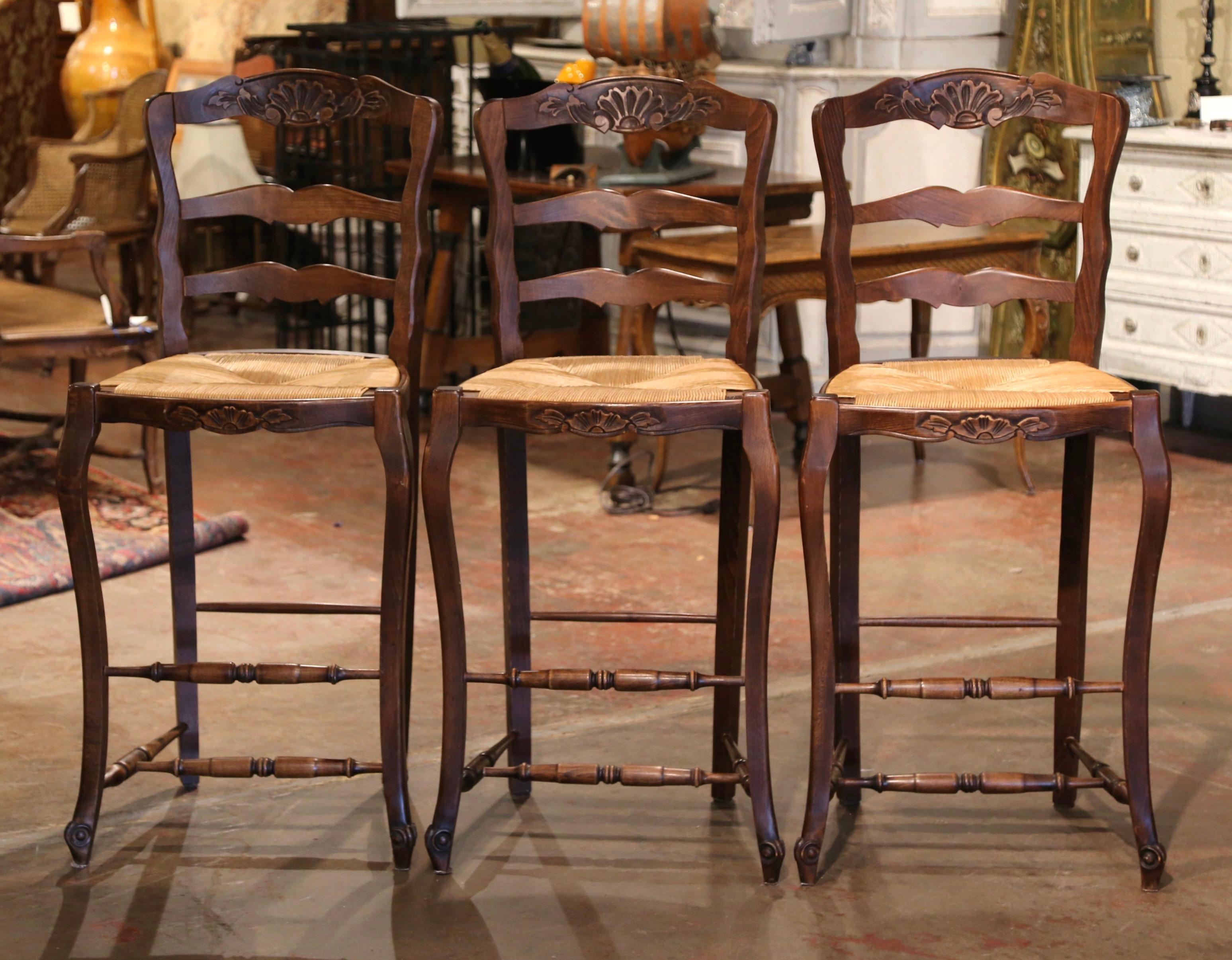 Set of Three Country French Ladder Back Bar Stools with Rush Seat from Normandy In Excellent Condition In Dallas, TX