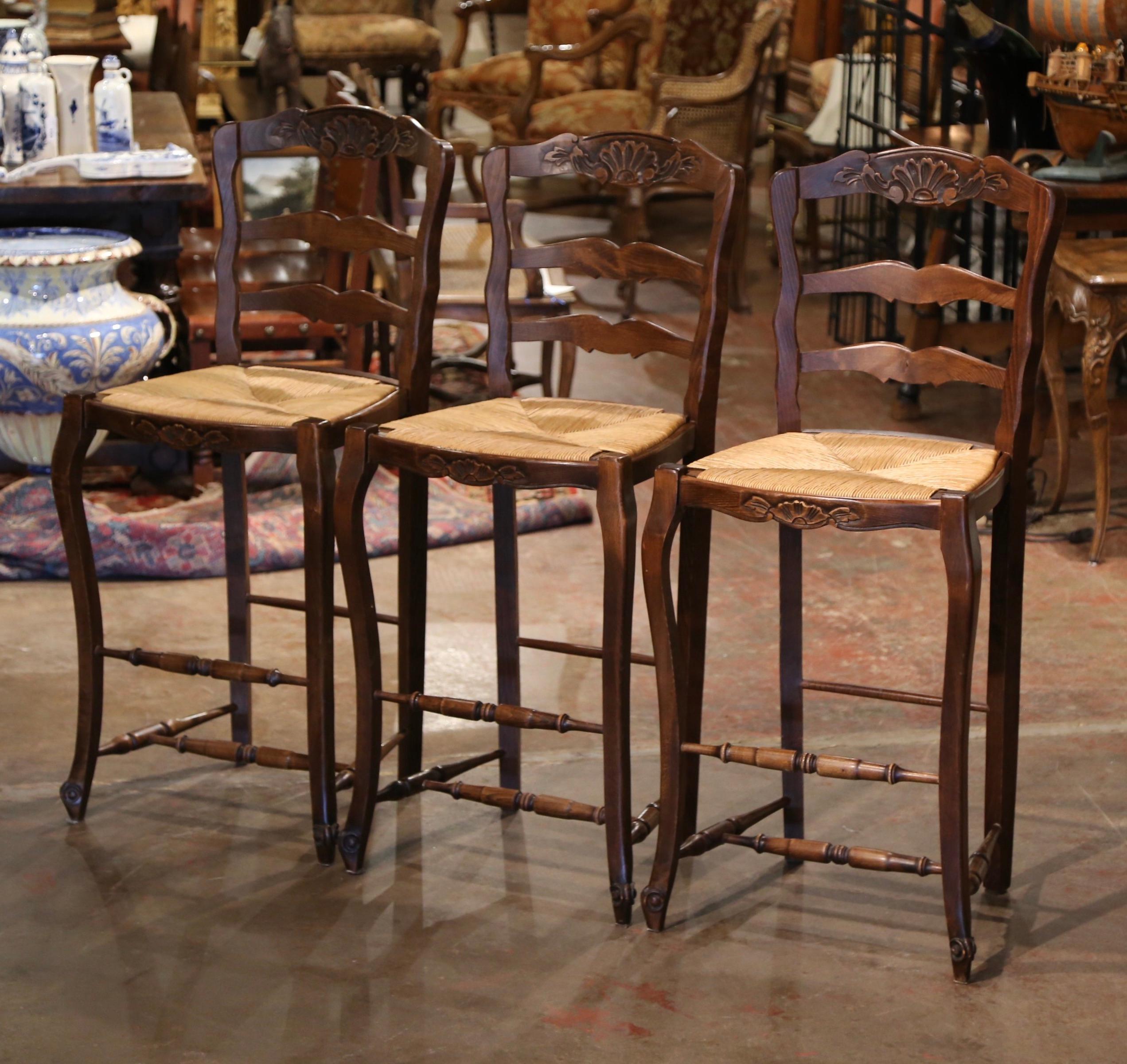 20th Century Set of Three Country French Ladder Back Bar Stools with Rush Seat from Normandy