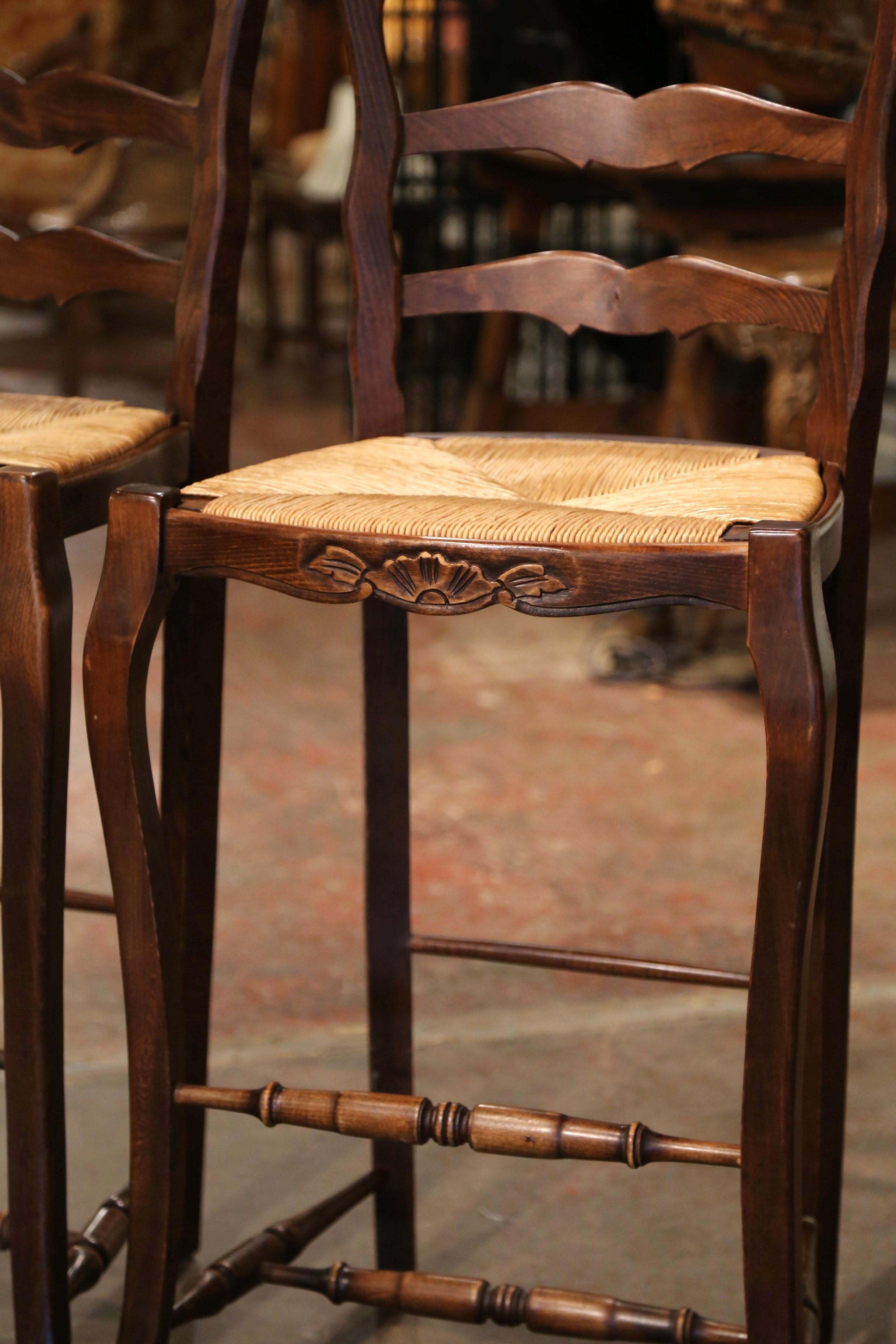 Set of Three Country French Ladder Back Bar Stools with Rush Seat from Normandy 1