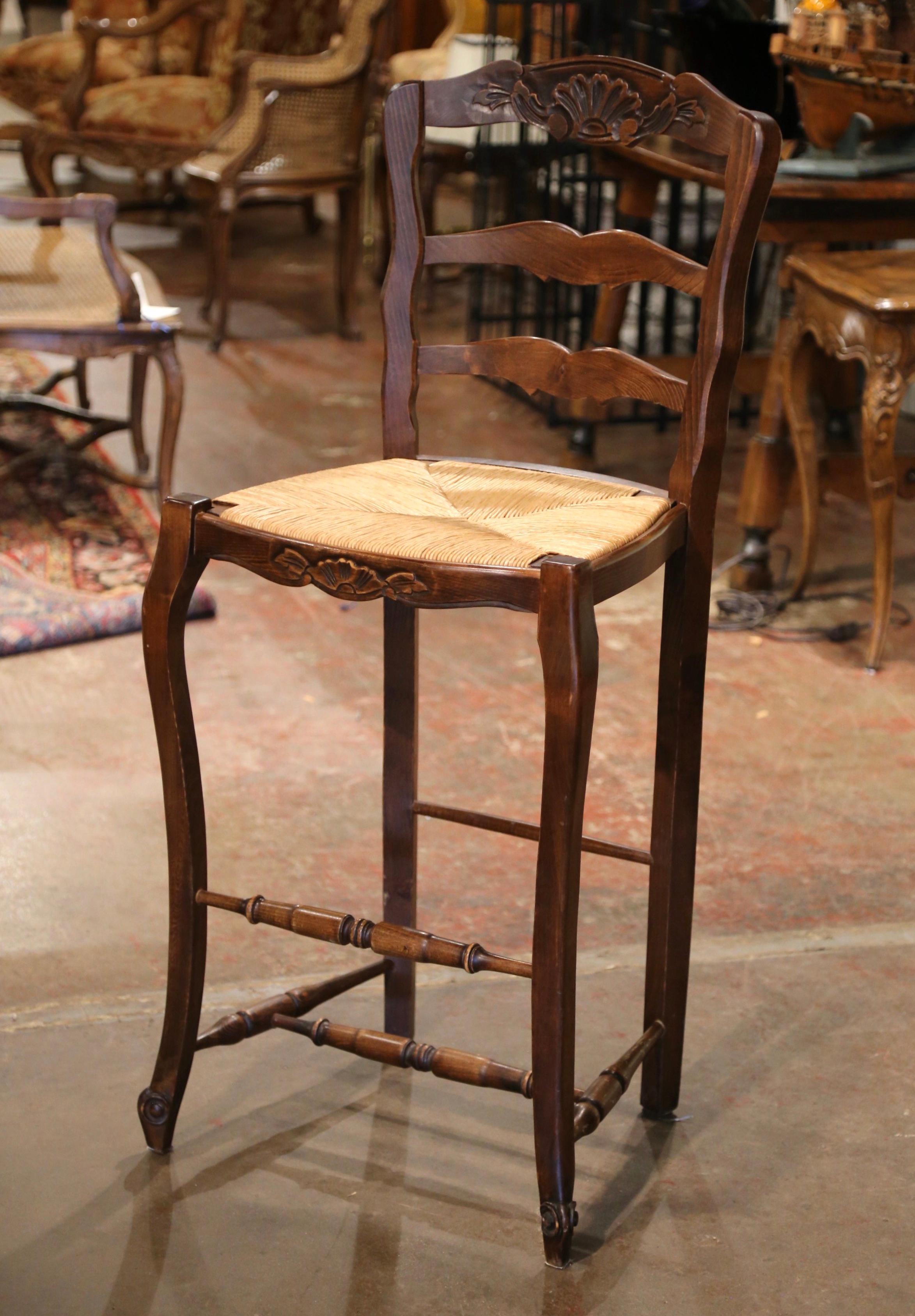 Set of Three Country French Ladder Back Bar Stools with Rush Seat from Normandy 3