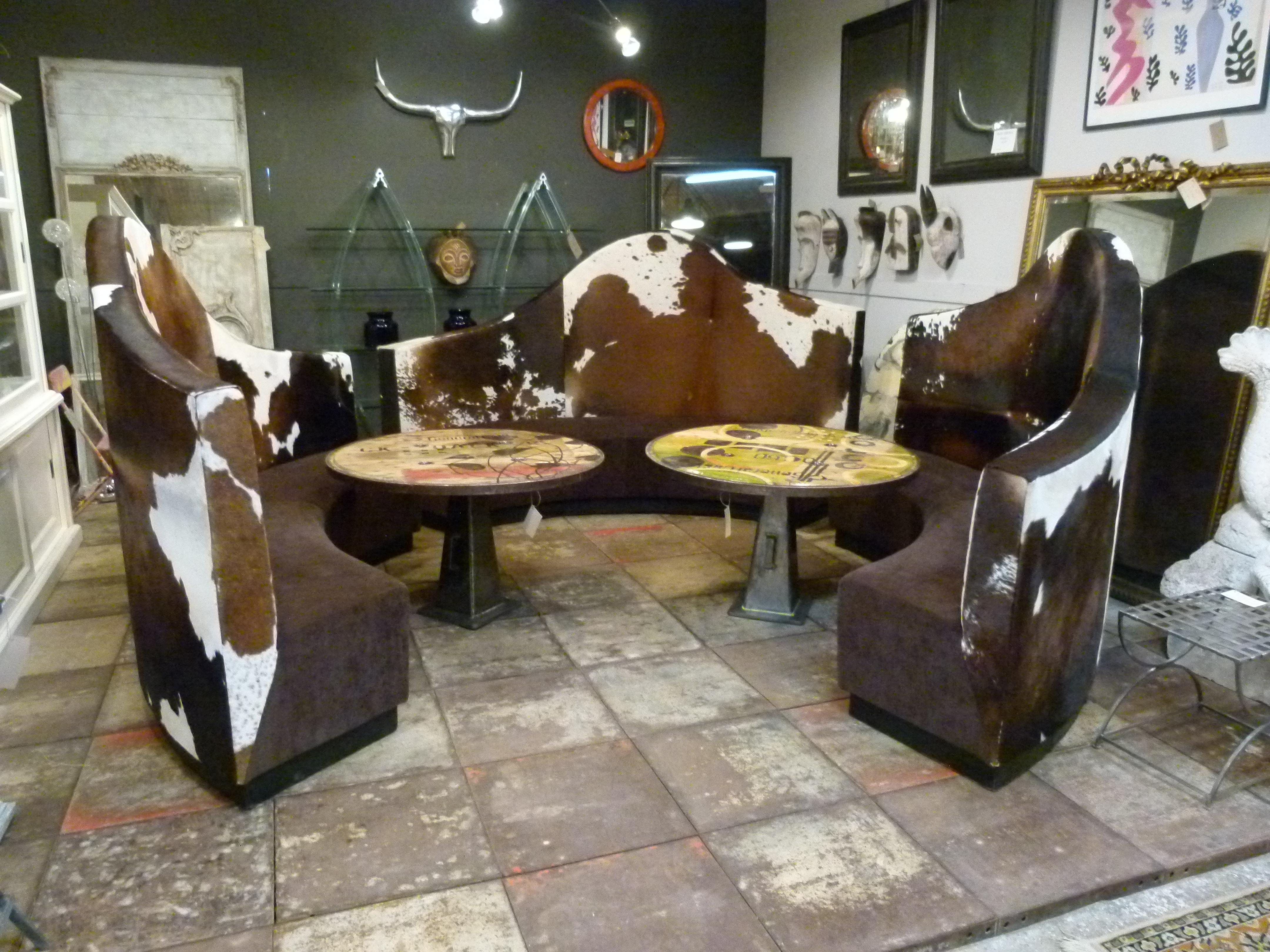 Country style set of cow leather sofas from France. The structure is made of hardwood. The semicircular shape allows placing them in a circular composition creating a nice corner.

Each sofa measures: 260 x 60 x 150 cm (102 x 23.6 x 59 in).
We have
