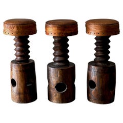 Set of Three Crank Stools with Leather Seats