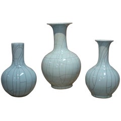 Set of Three Creamic Vases with Green Crackel Pattern