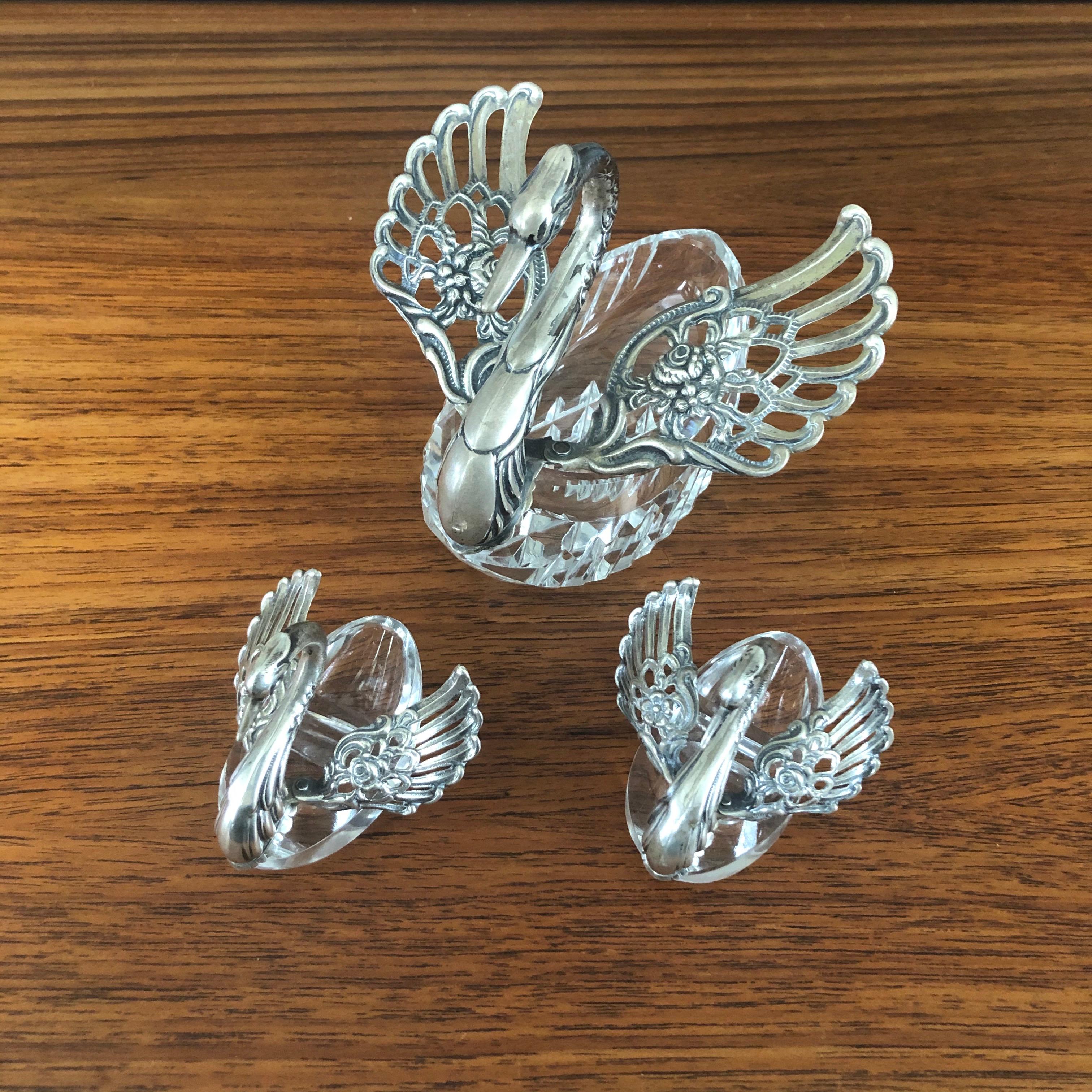 Set of Three Crystal and Silver German Swan Sculptures by Albert Bodemer 'ALBO' In Good Condition For Sale In San Diego, CA