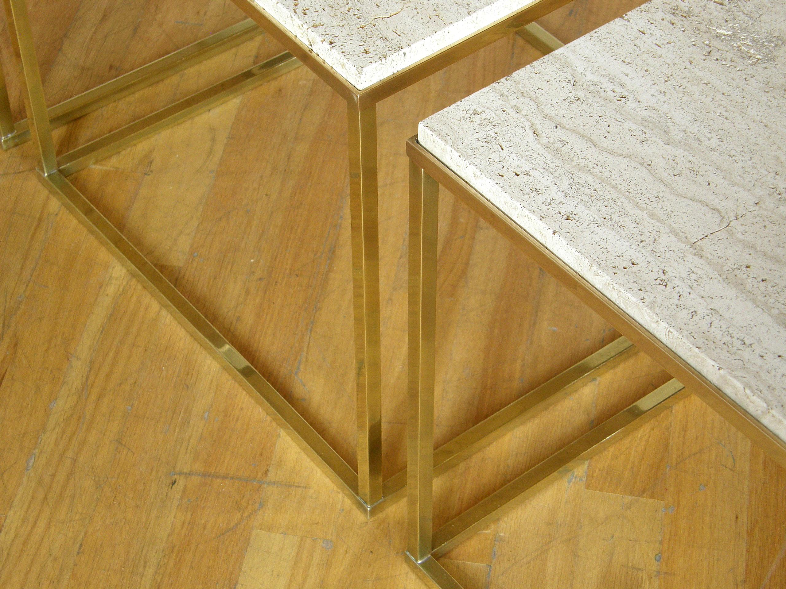 Set of Three Cube Coffee or Side Tables with Brass Frames and Travertine Tops 5
