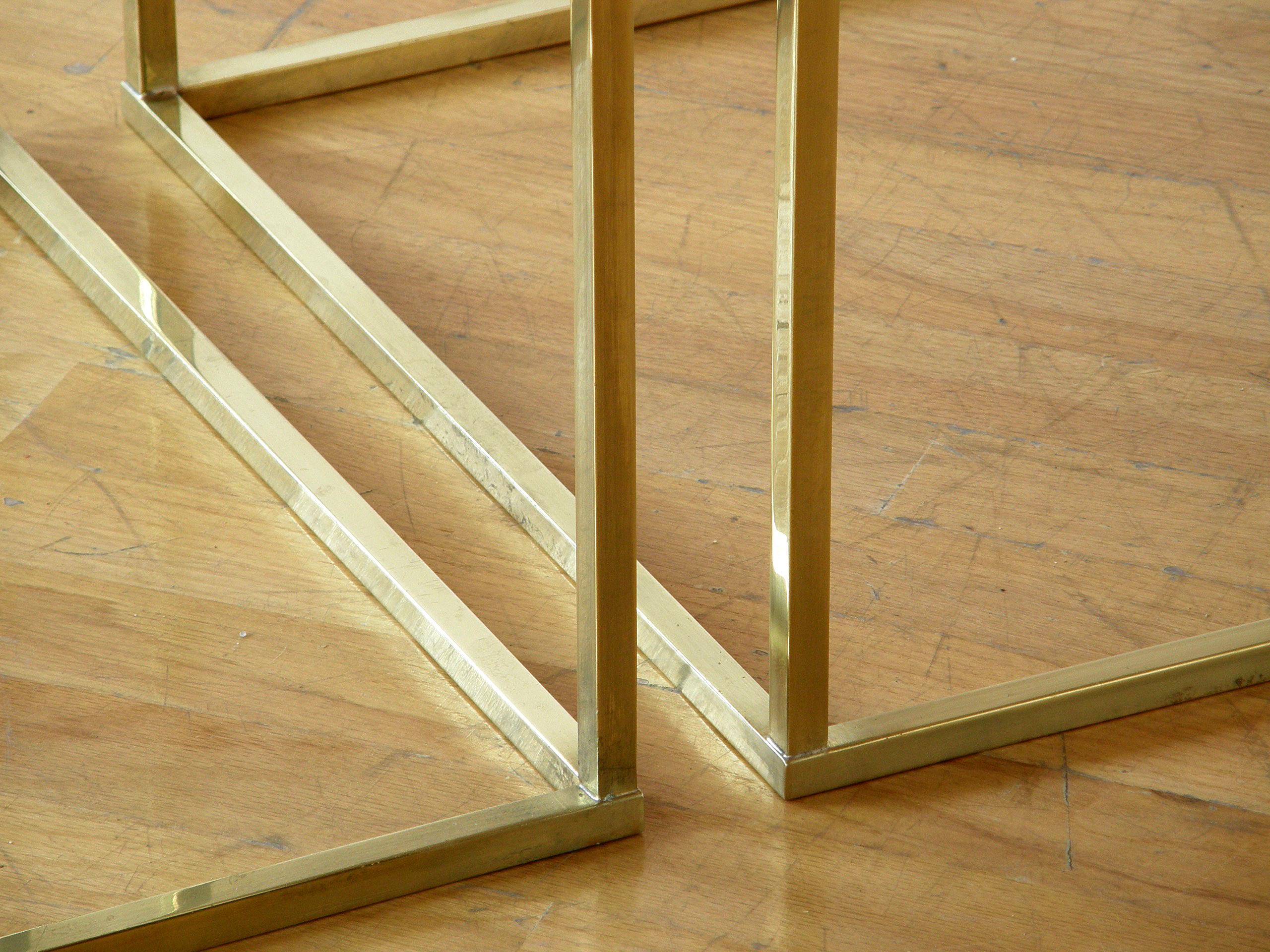 Set of Three Cube Coffee or Side Tables with Brass Frames and Travertine Tops 6