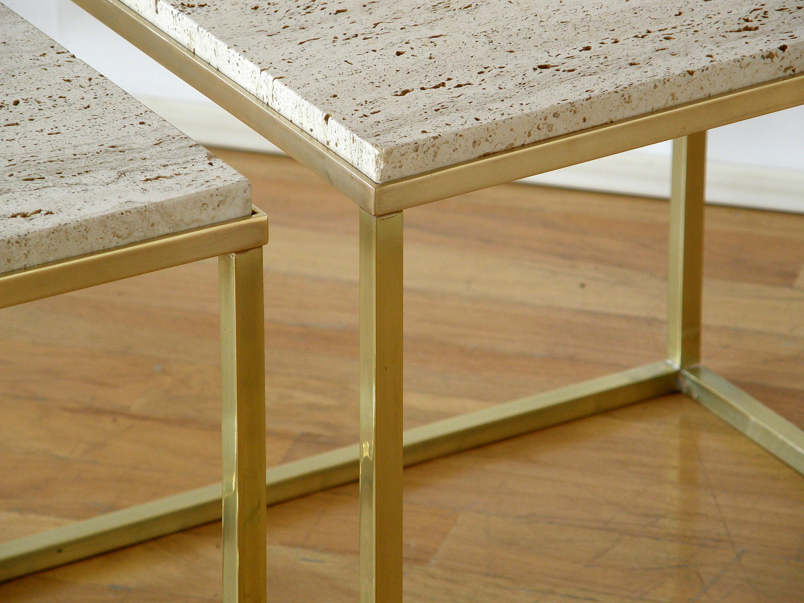 Set of Three Cube Coffee or Side Tables with Brass Frames and Travertine Tops 7