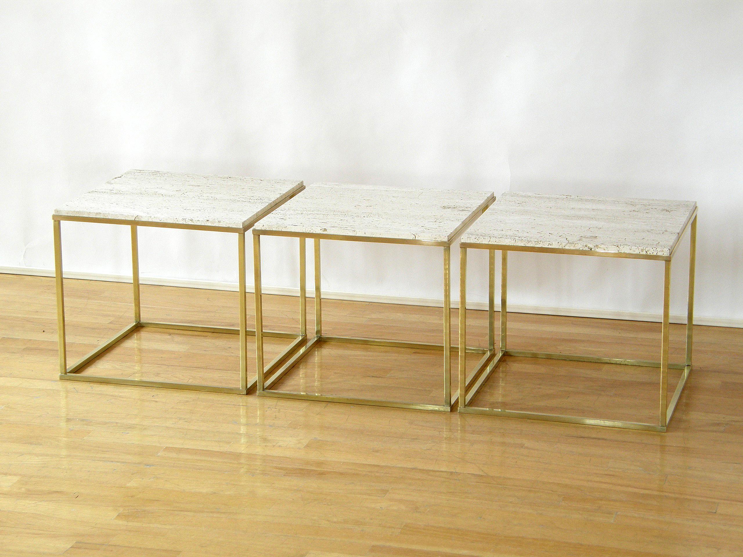 Mid-Century Modern Set of Three Cube Coffee or Side Tables with Brass Frames and Travertine Tops