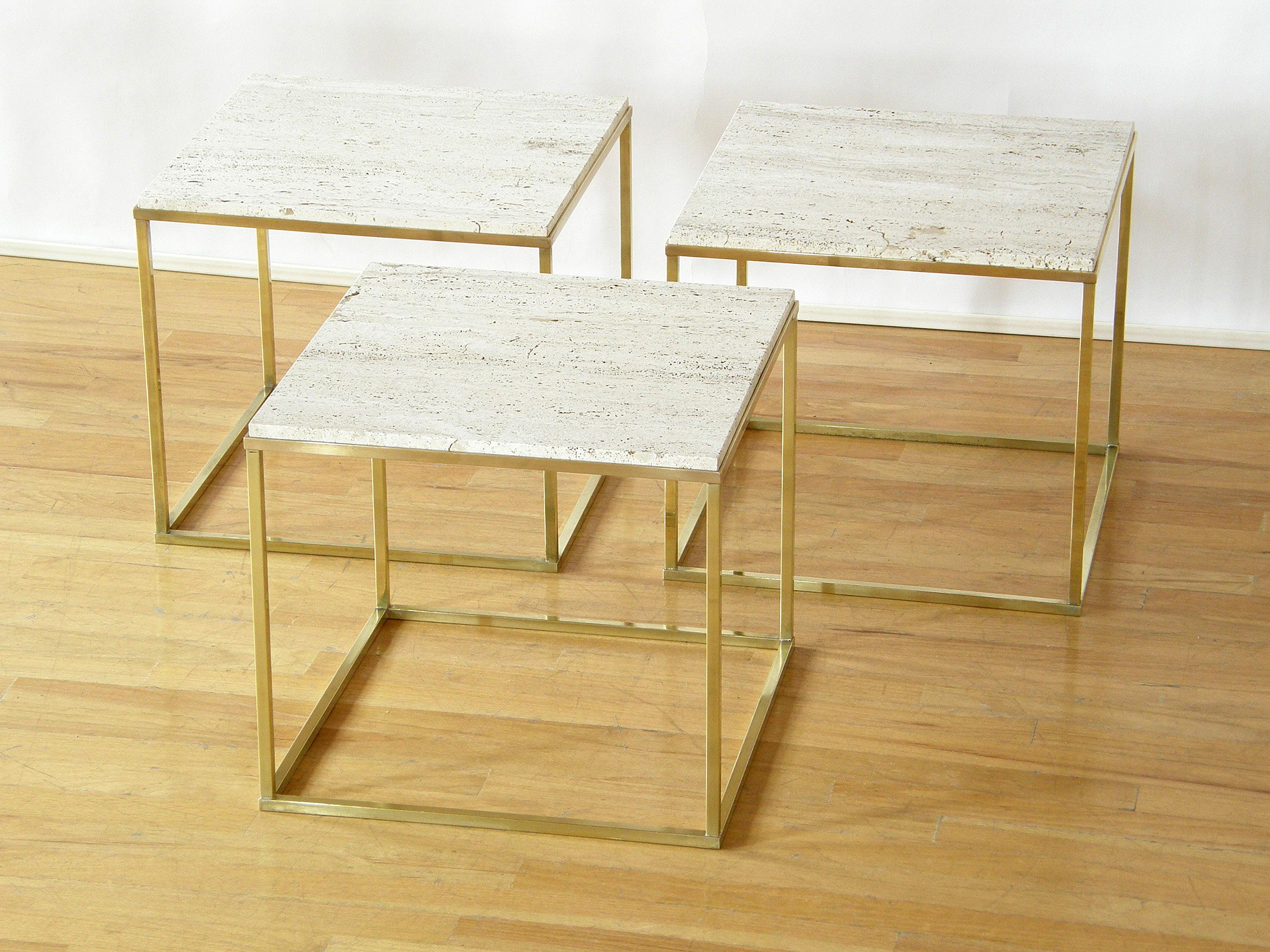 Set of Three Cube Coffee or Side Tables with Brass Frames and Travertine Tops In Good Condition In Chicago, IL