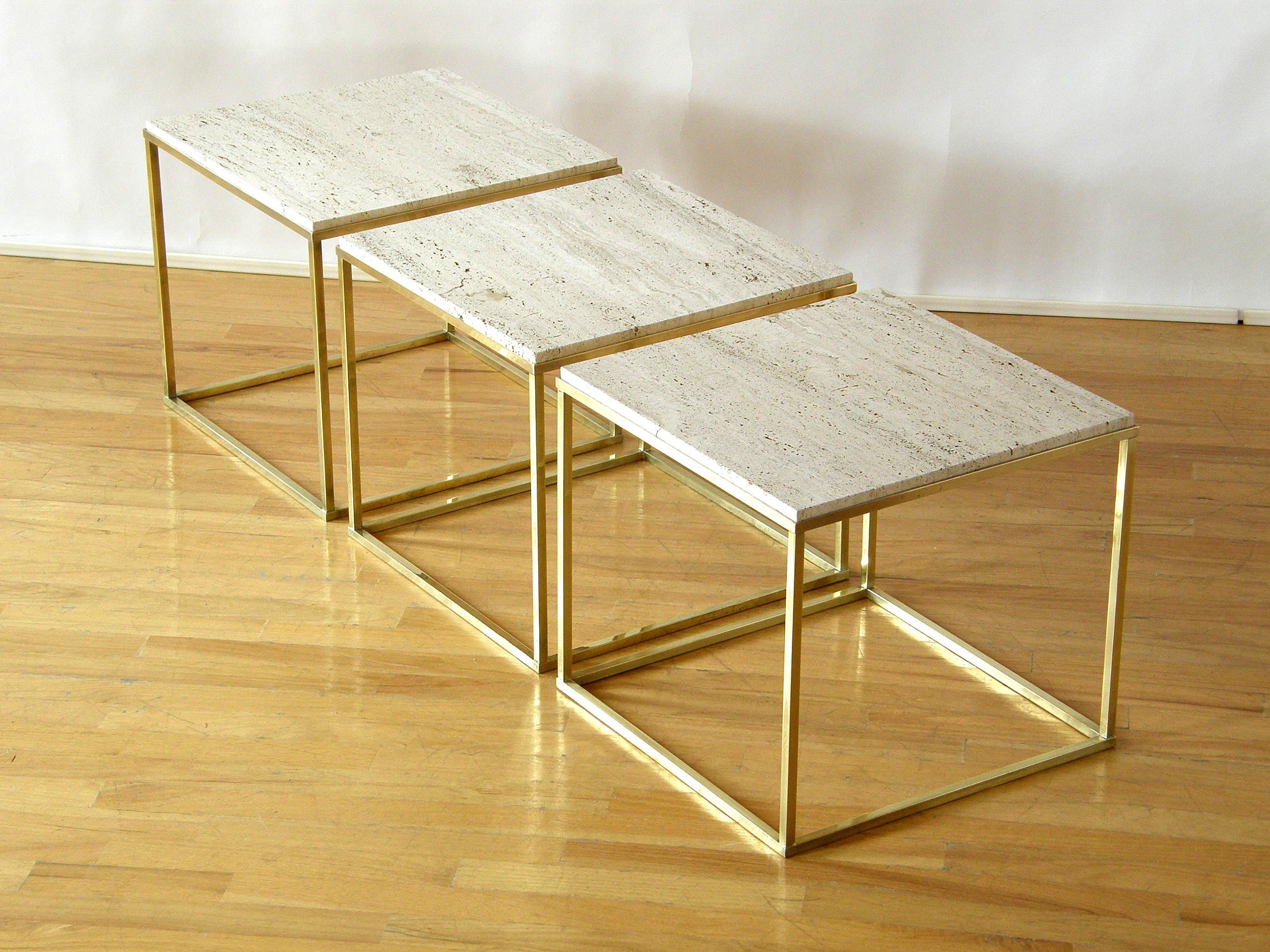 20th Century Set of Three Cube Coffee or Side Tables with Brass Frames and Travertine Tops