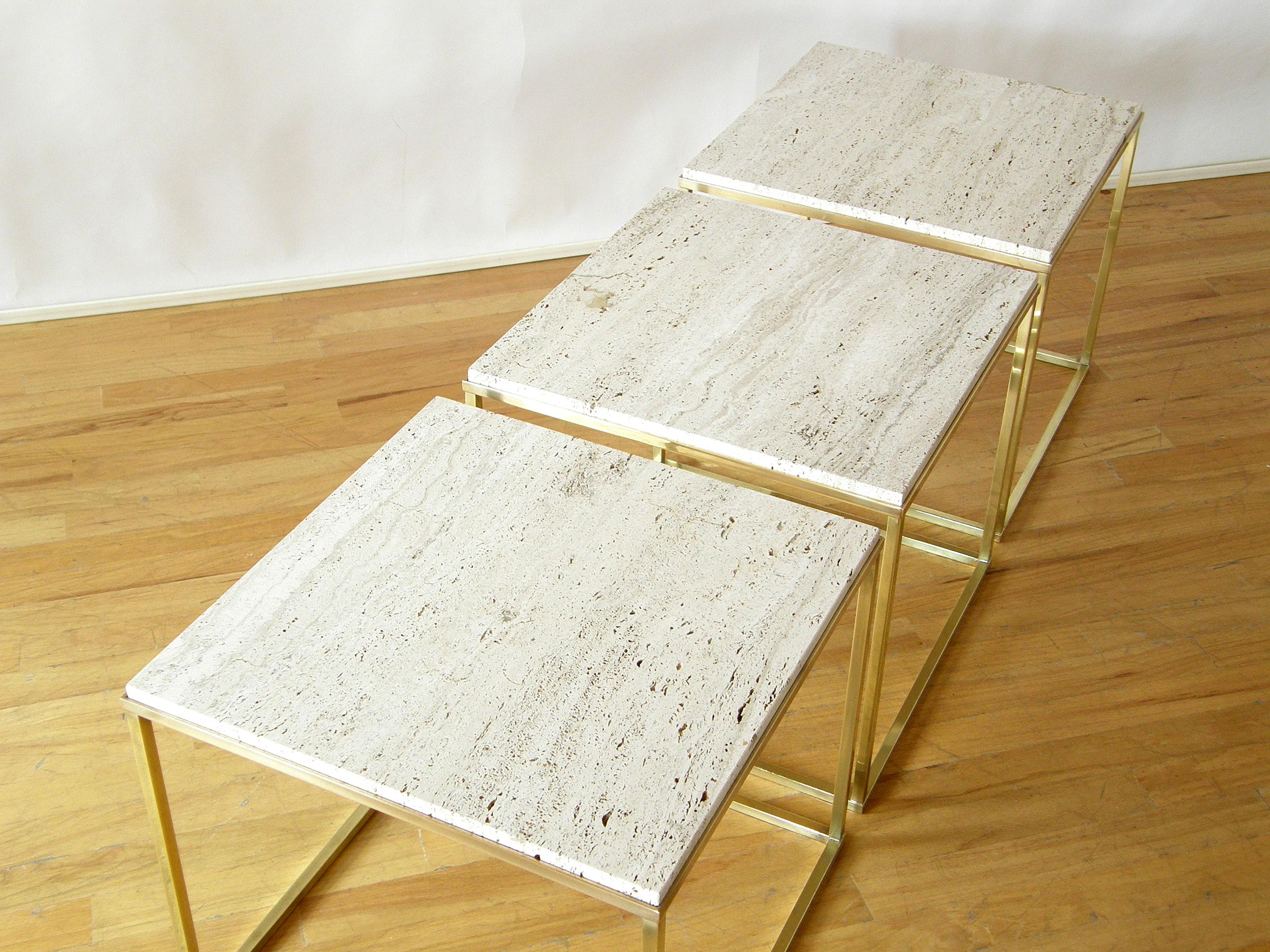 Set of Three Cube Coffee or Side Tables with Brass Frames and Travertine Tops 1