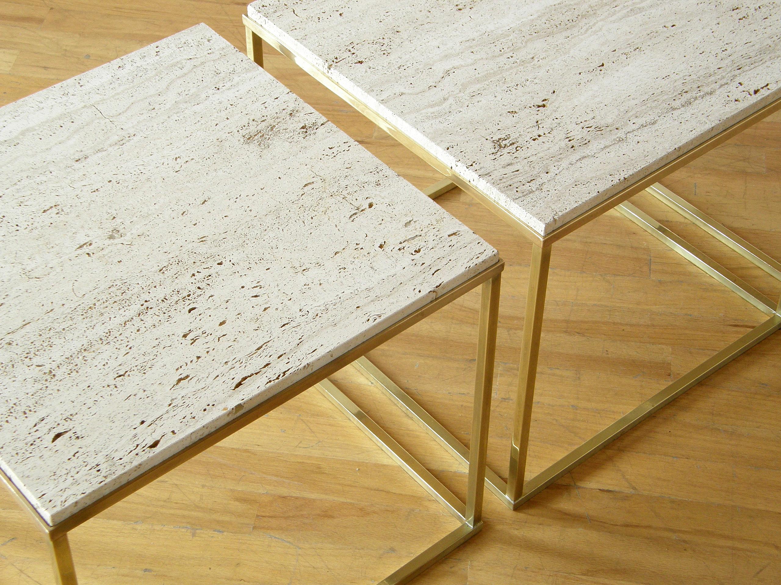 Set of Three Cube Coffee or Side Tables with Brass Frames and Travertine Tops 2