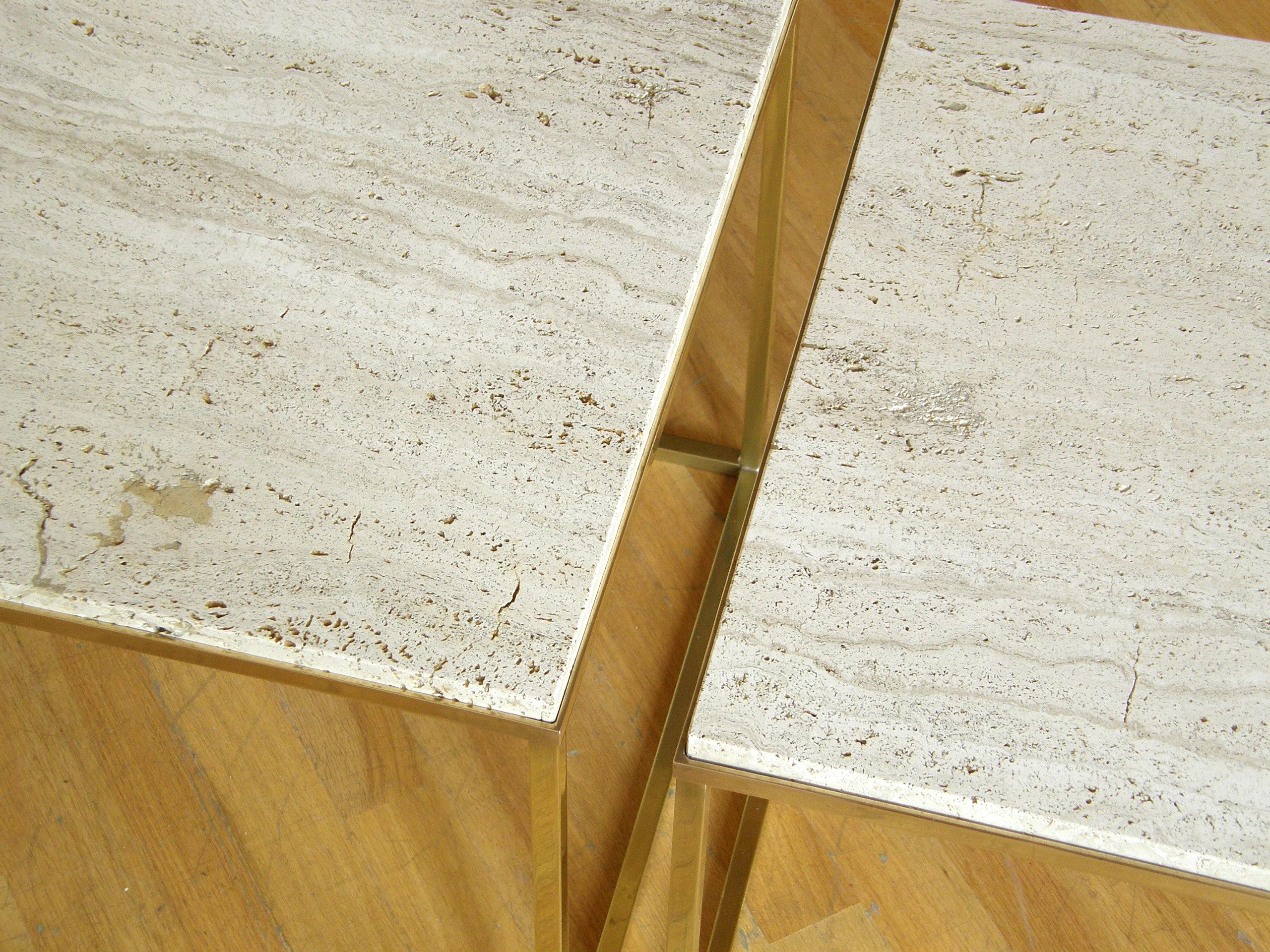 Set of Three Cube Coffee or Side Tables with Brass Frames and Travertine Tops 3
