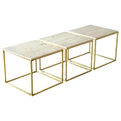 Set of Three Cube Coffee or Side Tables with Brass Frames and Travertine Tops