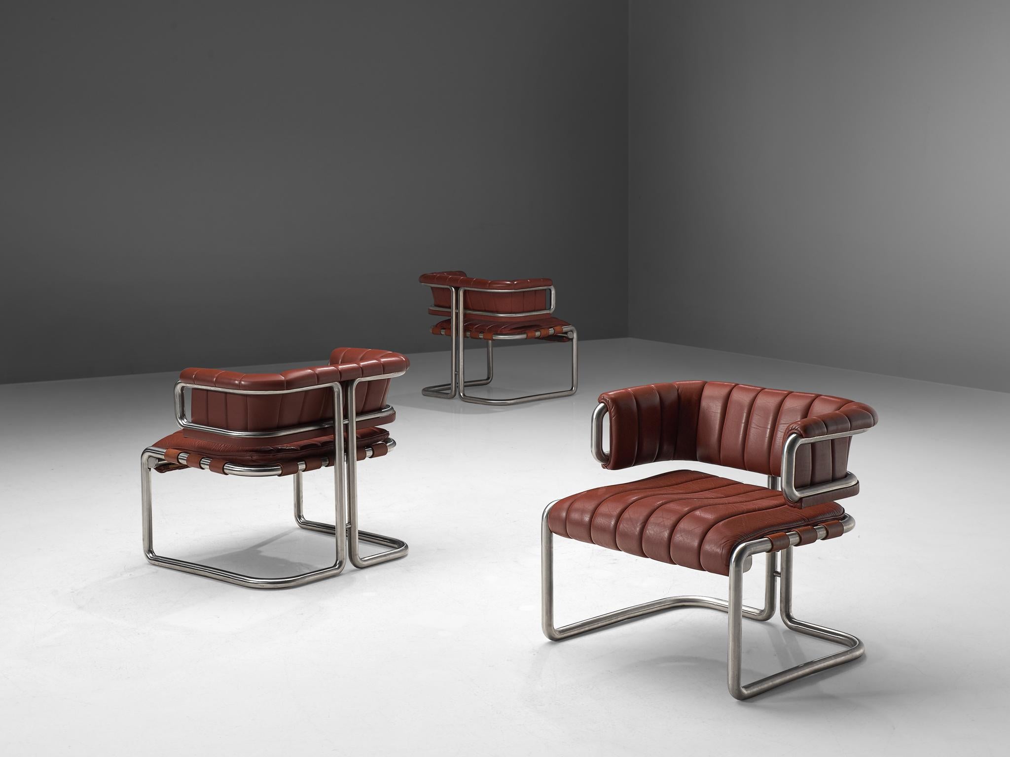 Mid-Century Modern Set of Three Cubist Tubular Lounge Chairs in Red Leather