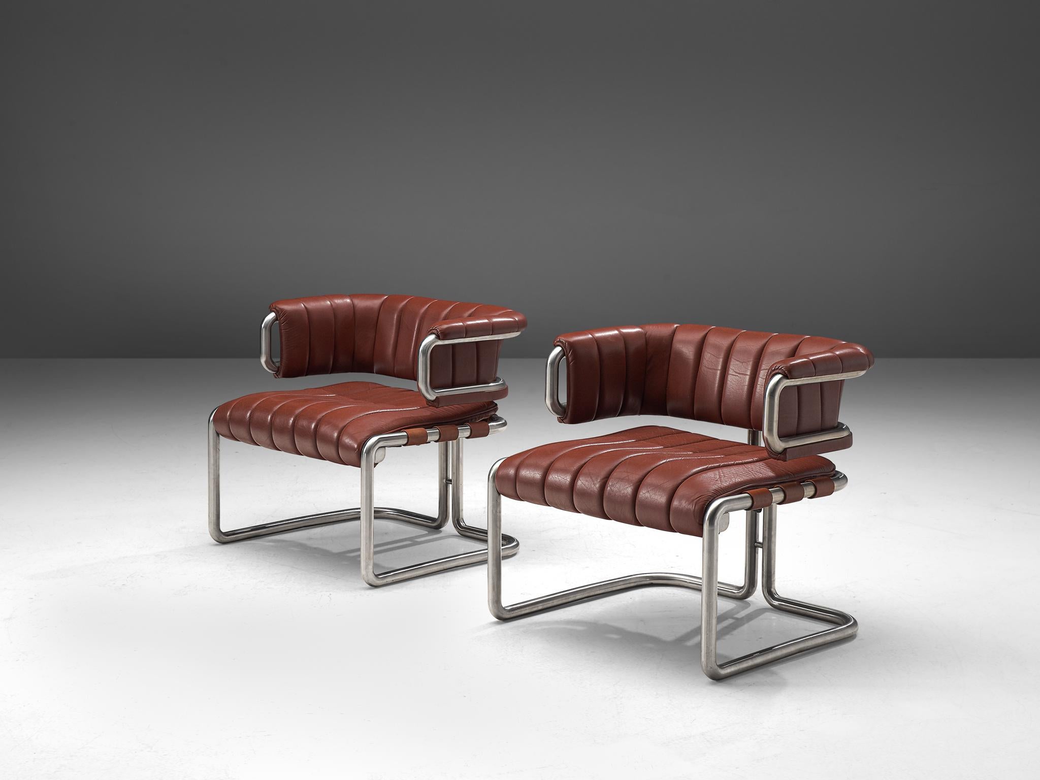 German Set of Three Cubist Tubular Lounge Chairs in Red Leather