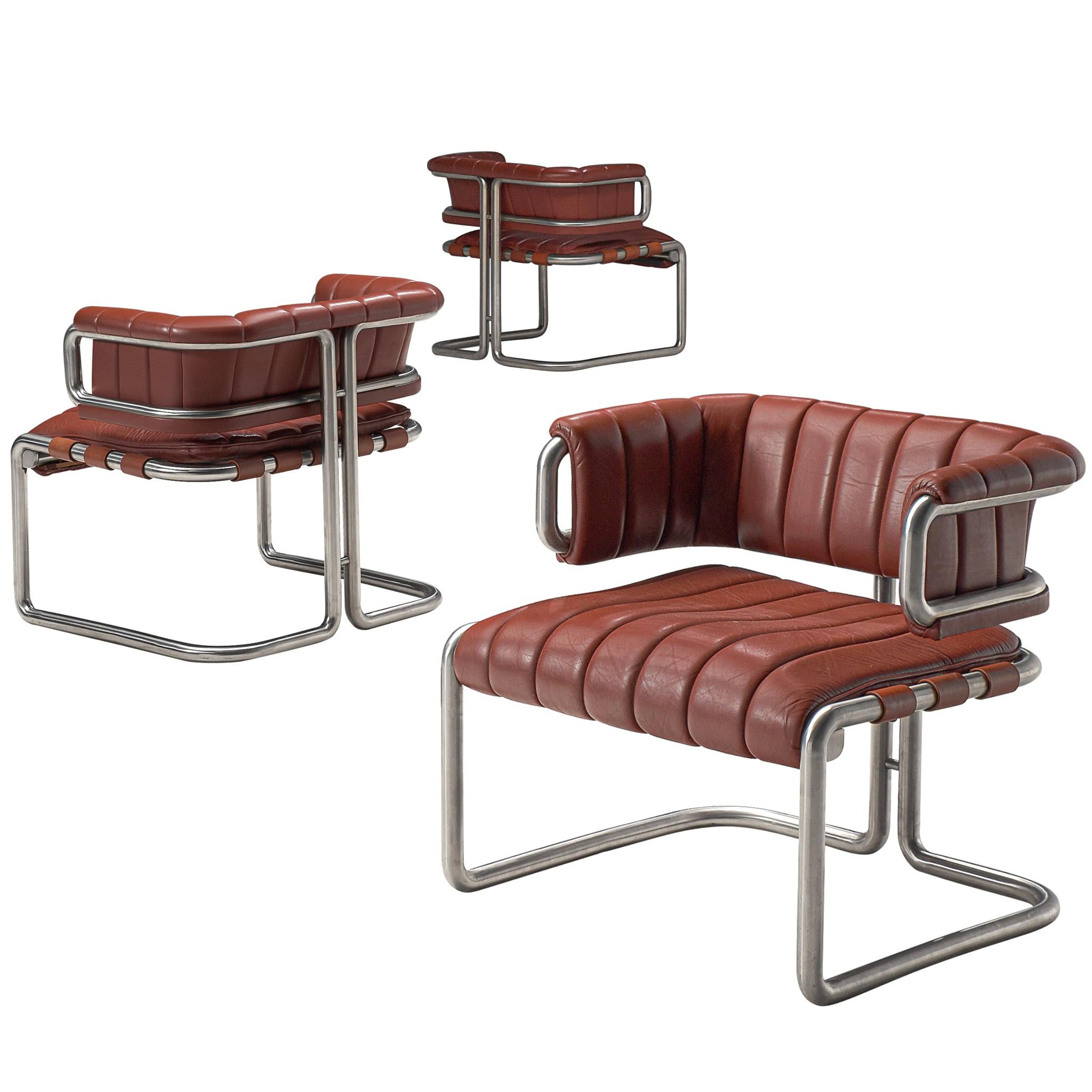 Set of Three Cubist Tubular Lounge Chairs in Red Leather