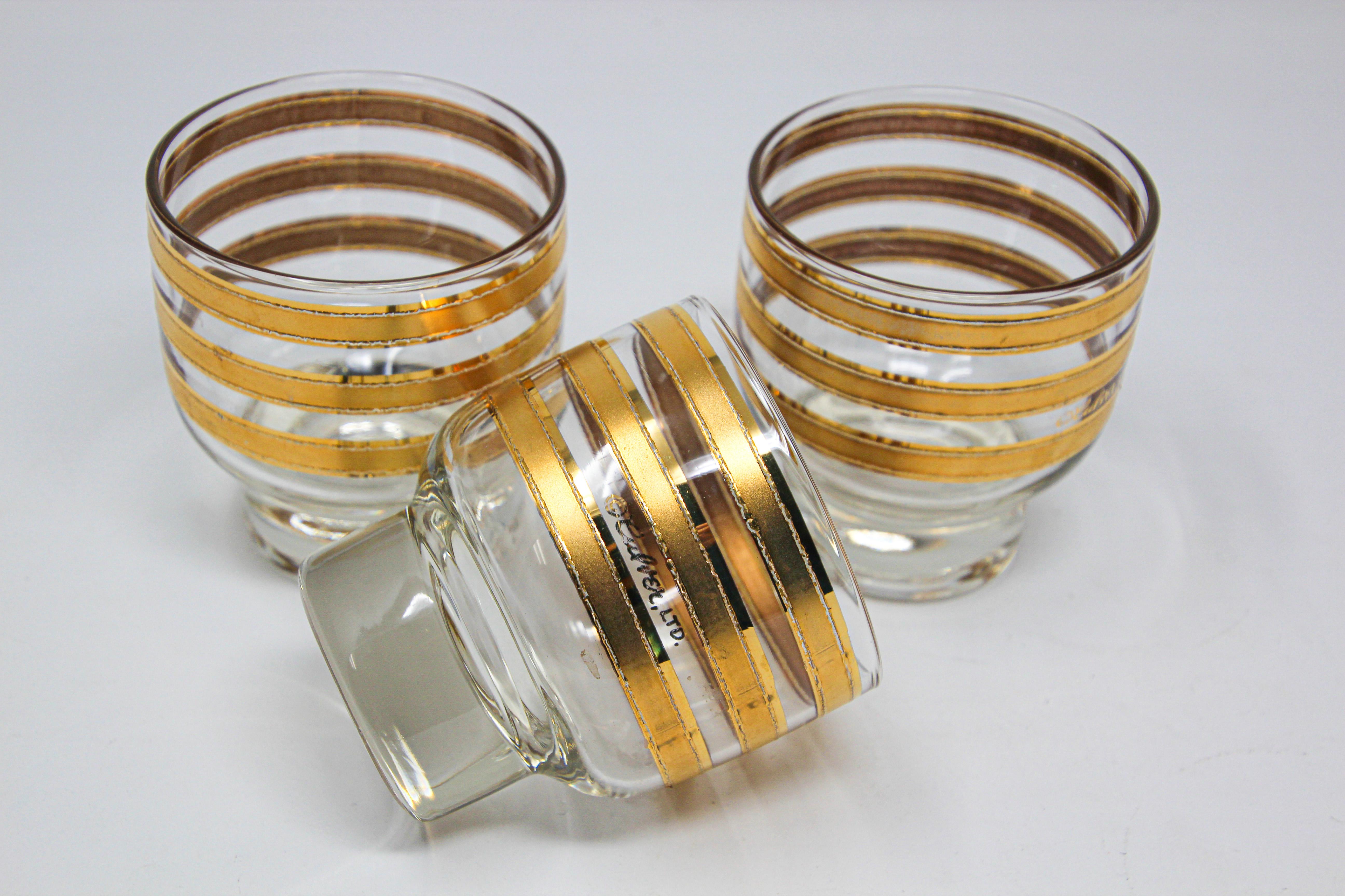 Set of Three Vintage Culver Footed Rocks Glasses with 22-Karat Gold Design 1