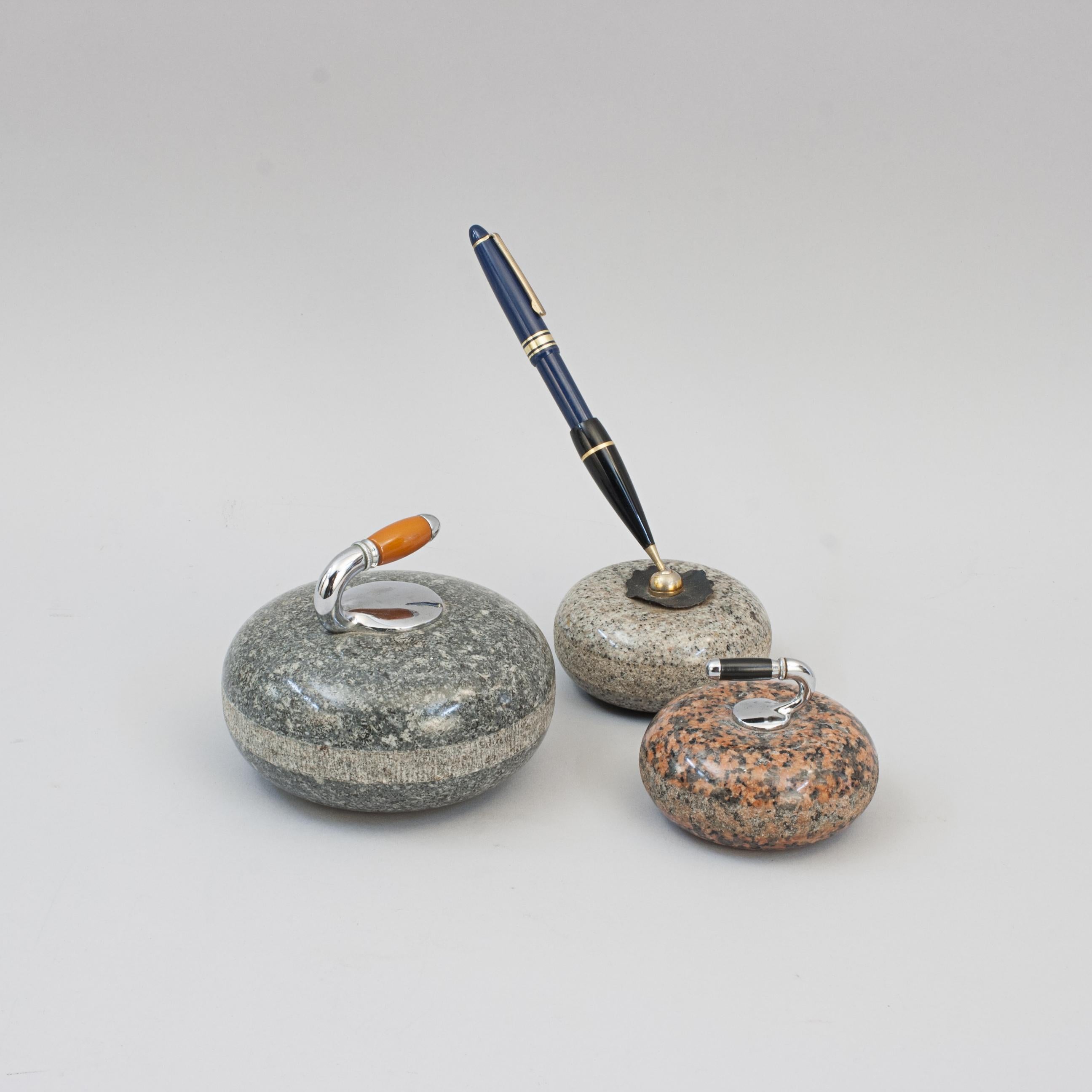 Set of Three Curling Stone Desk Pieces, Paper Weight, Pen Holder In Good Condition For Sale In Oxfordshire, GB
