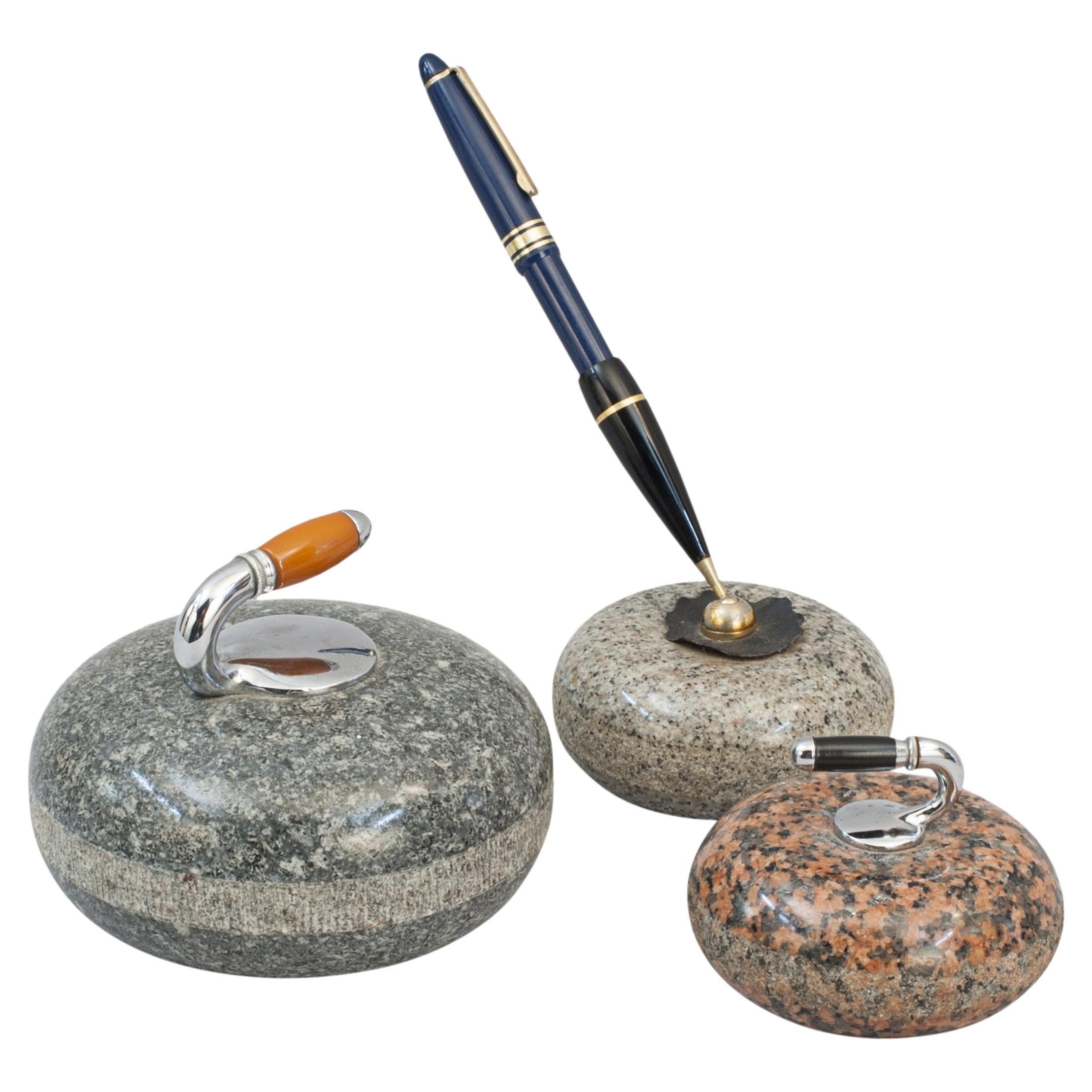 Set of Three Curling Stone Desk Pieces, Paper Weight, Pen Holder For Sale