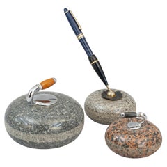 Vintage Set of Three Curling Stone Desk Pieces, Paper Weight, Pen Holder