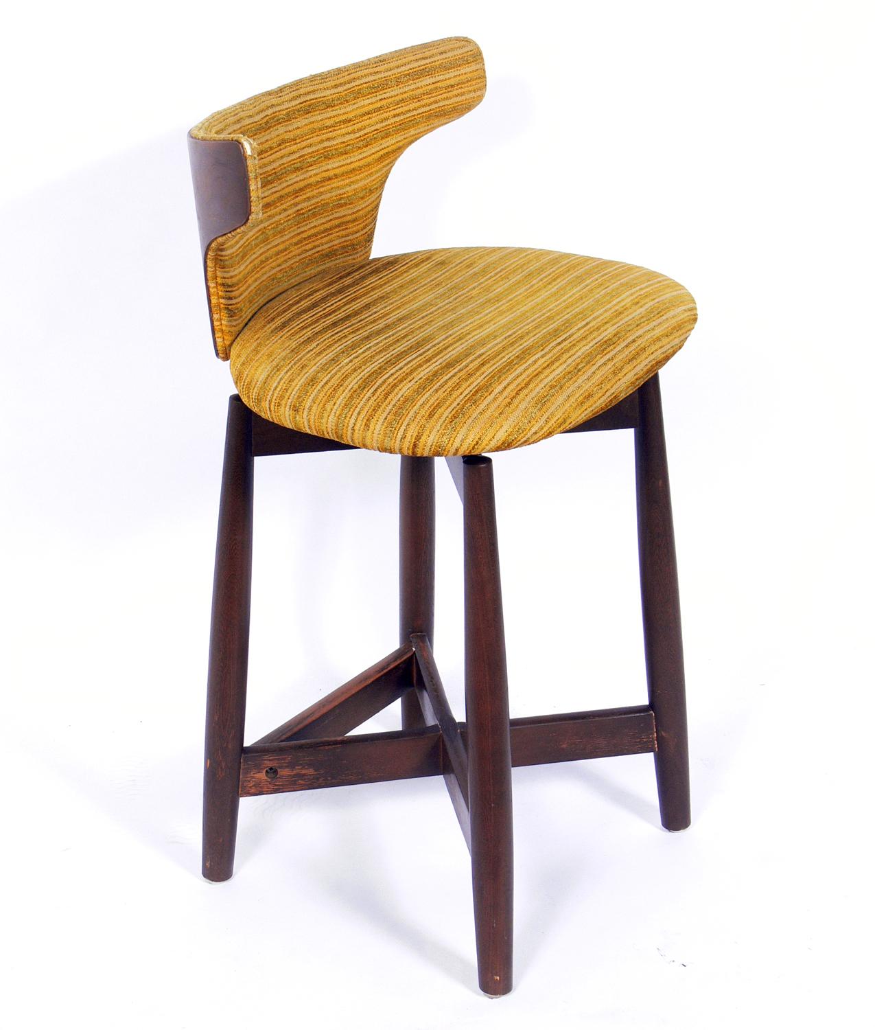 American Set of Three Curvaceous Low Slung Walnut Bar Stools