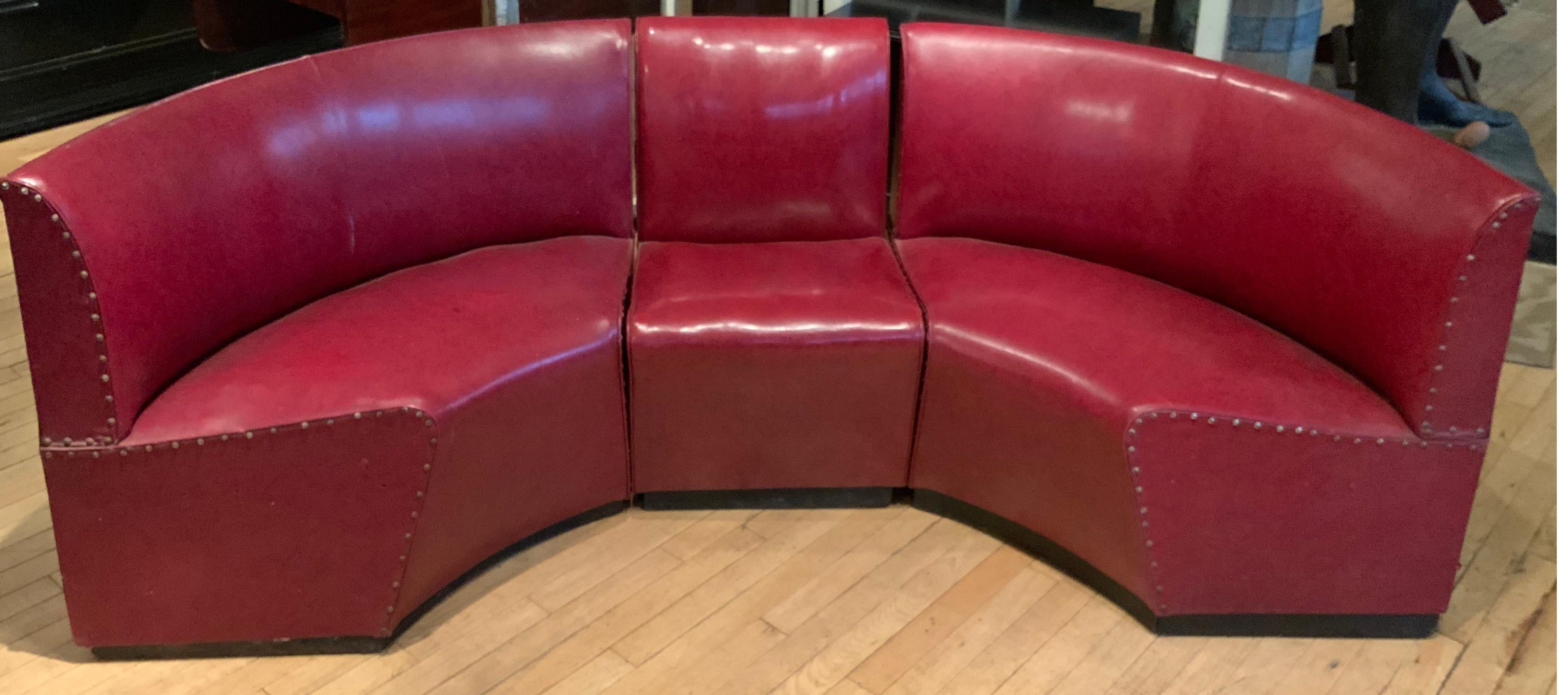 an unusual set of three pieces of curved sectional banquette seating by Art Chrome Company. designed with two curved sections and a single smaller straight piece, these can be used in a variety of spaces together, or also used separated around a
