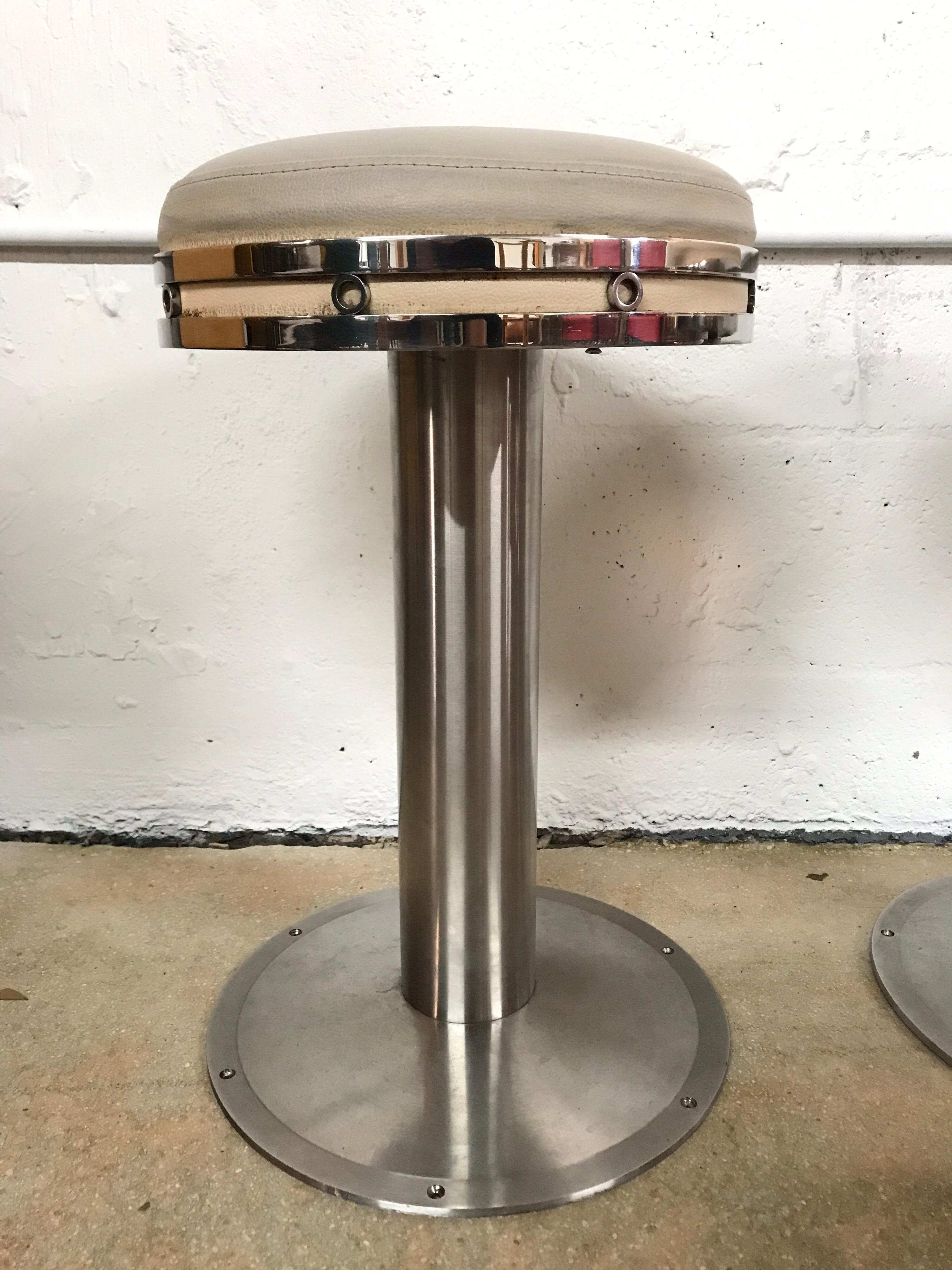 American Set of Three Custom Karl Springer Style Steel and Leather Stools For Sale